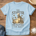 Knead More Fun Starter Outlives Us Skeleton sourdough t-shirt in Chambray