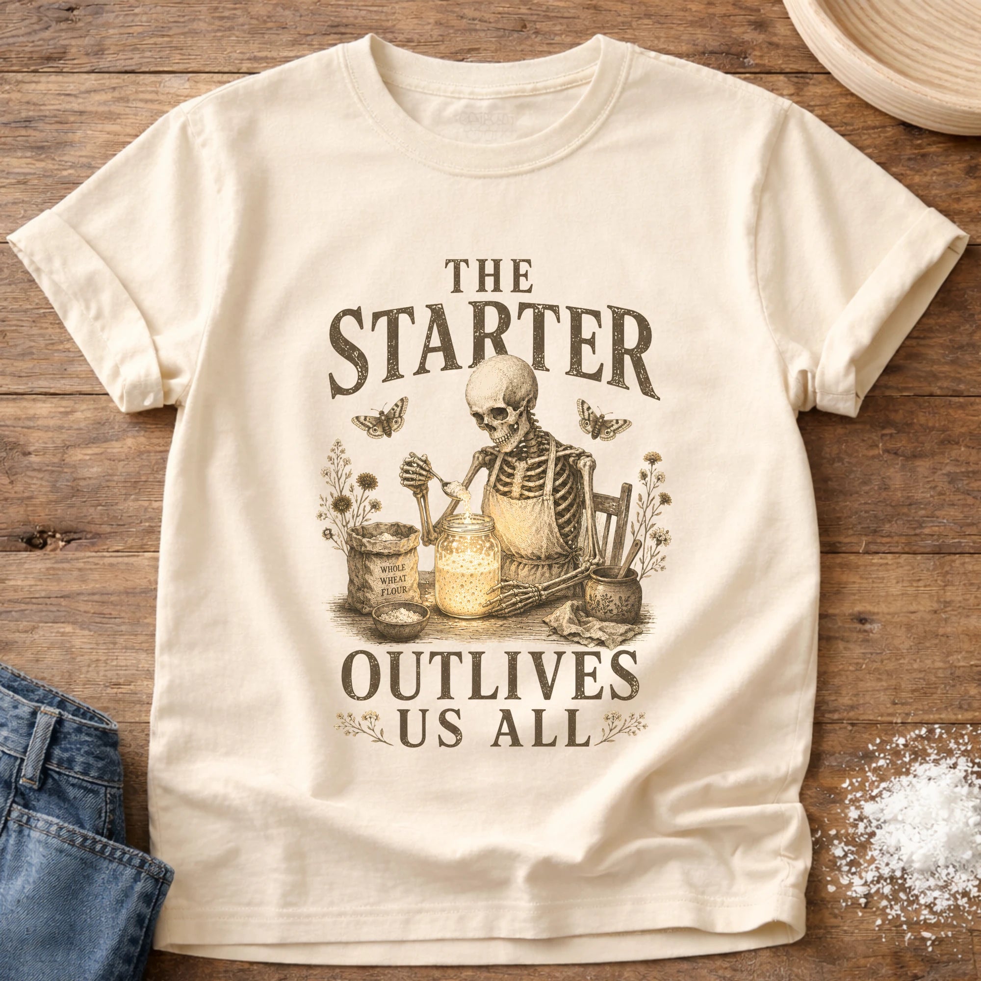 Knead More Fun Starter Outlives Us Skeleton sourdough t-shirt in Ivory
