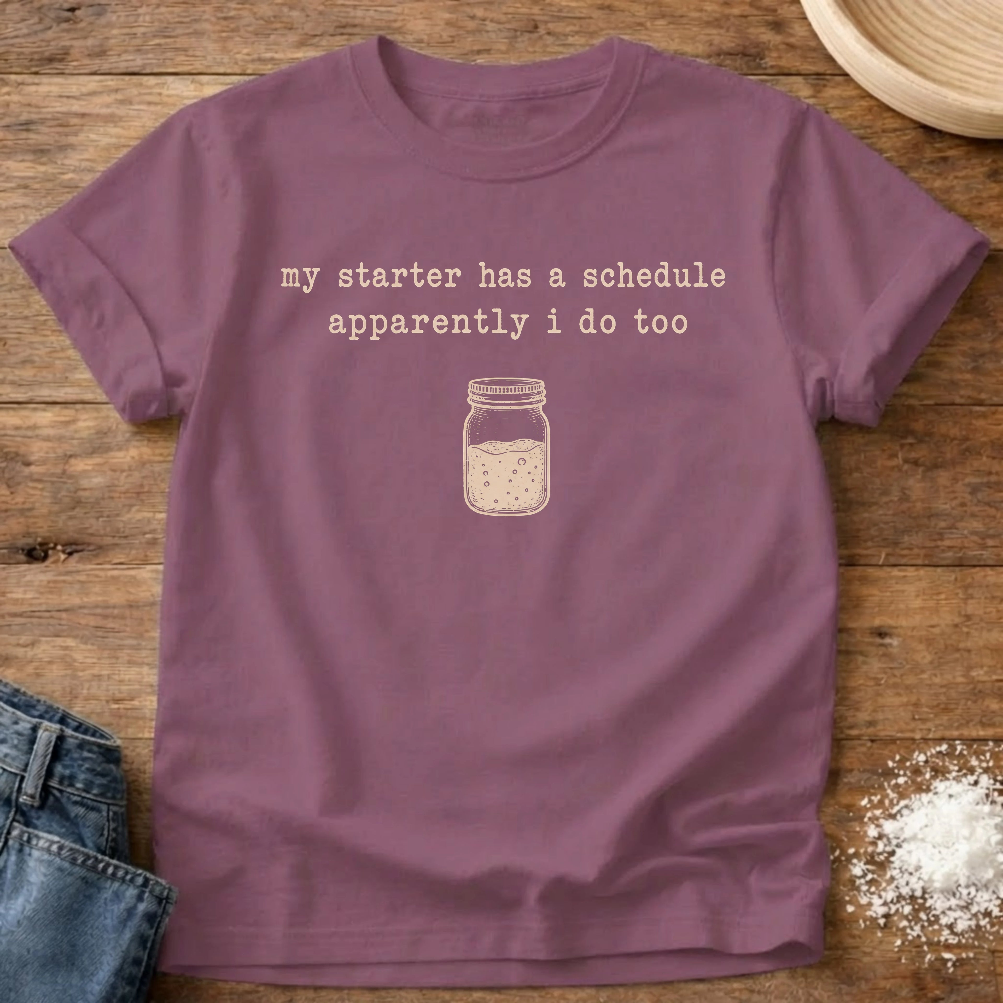 Knead More Fun Starter Schedule sourdough t-shirt in Berry