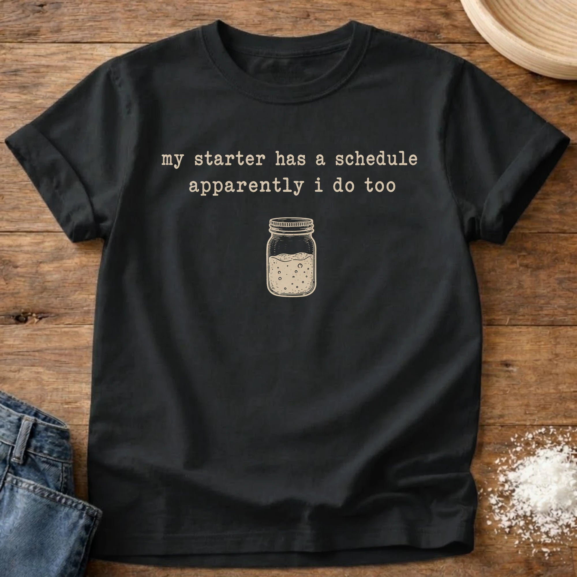 Knead More Fun Starter Schedule sourdough t-shirt in Black