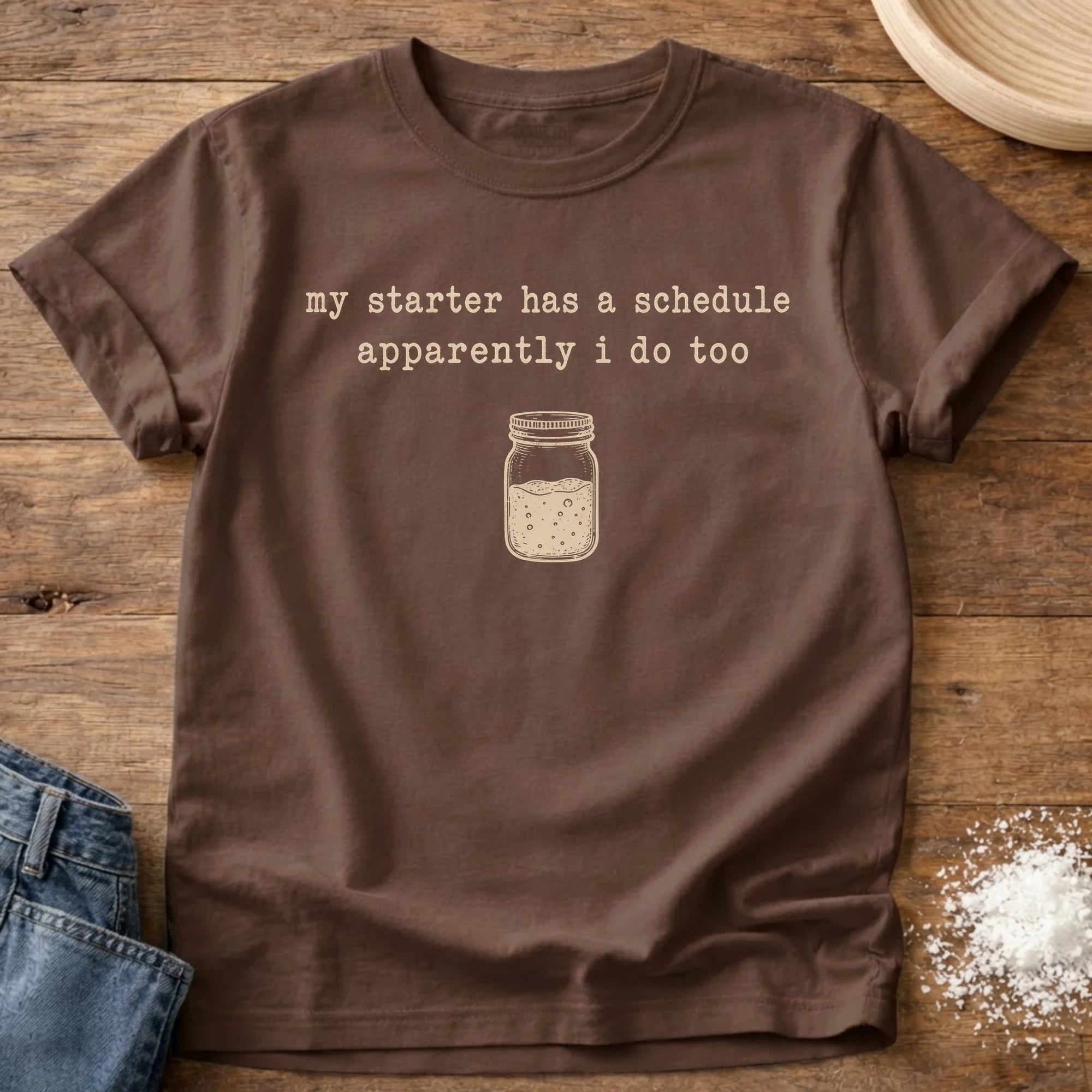 Knead More Fun Starter Schedule sourdough t-shirt in Espresso