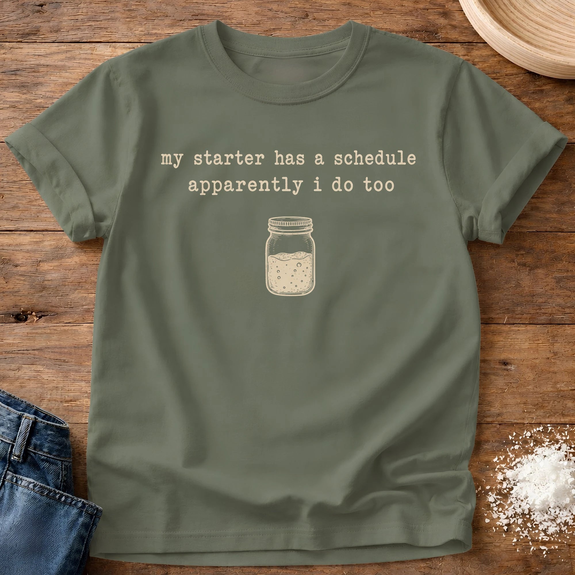 Knead More Fun Starter Schedule sourdough t-shirt in Moss