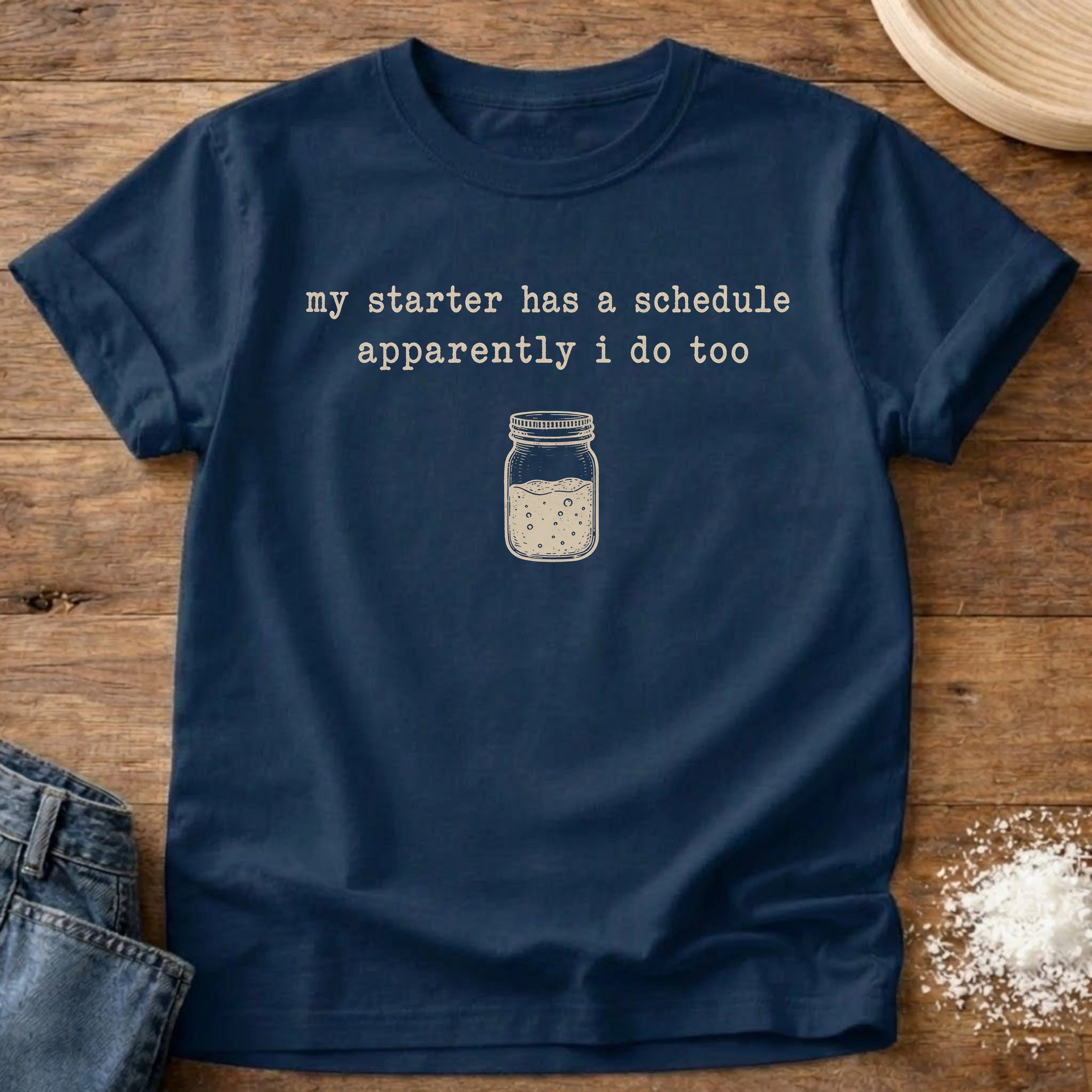Knead More Fun Starter Schedule sourdough t-shirt in Navy