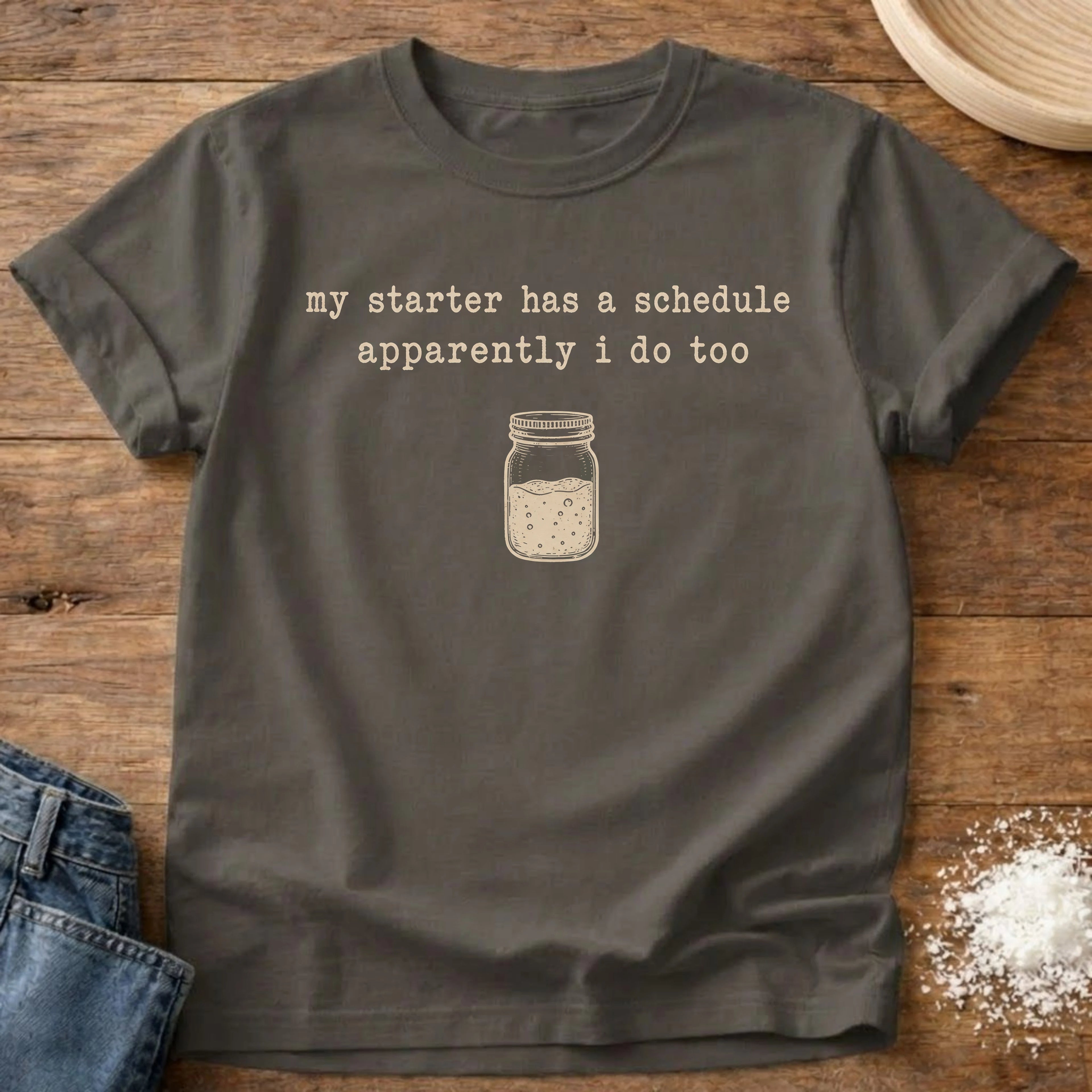 Knead More Fun Starter Schedule sourdough t-shirt in Pepper