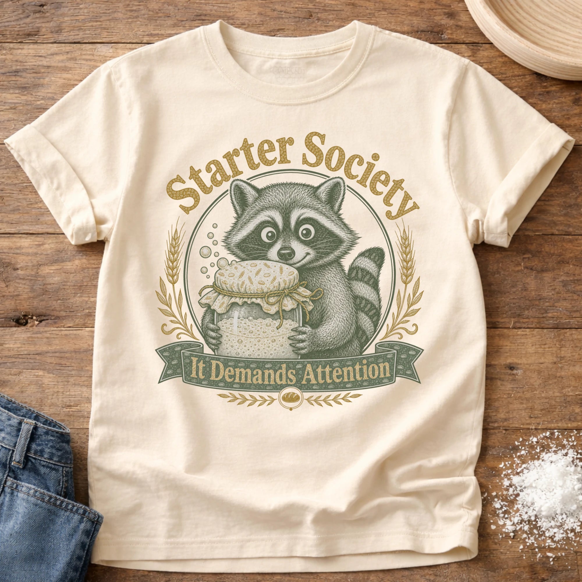 Knead More Fun Starter Society Raccoon t-shirt in Ivory
