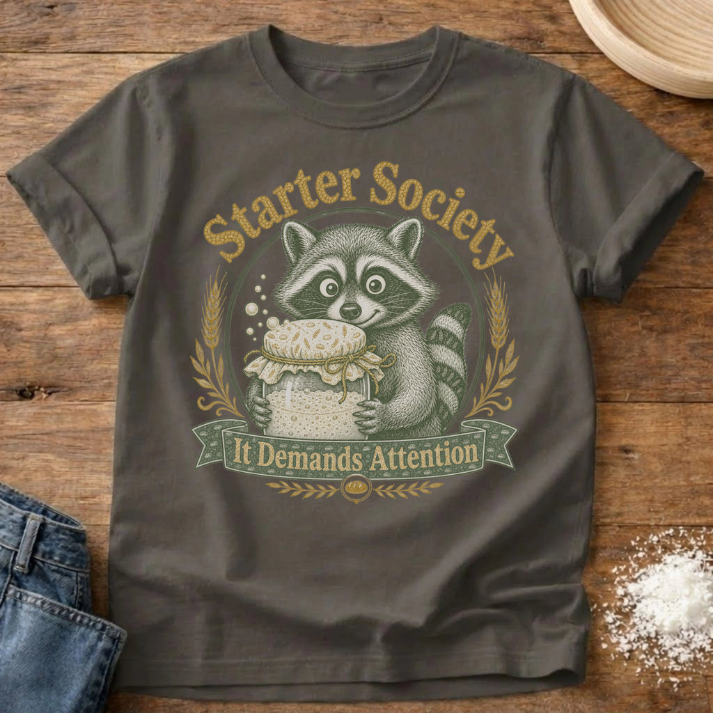 Knead More Fun Starter Society Raccoon t-shirt in Pepper