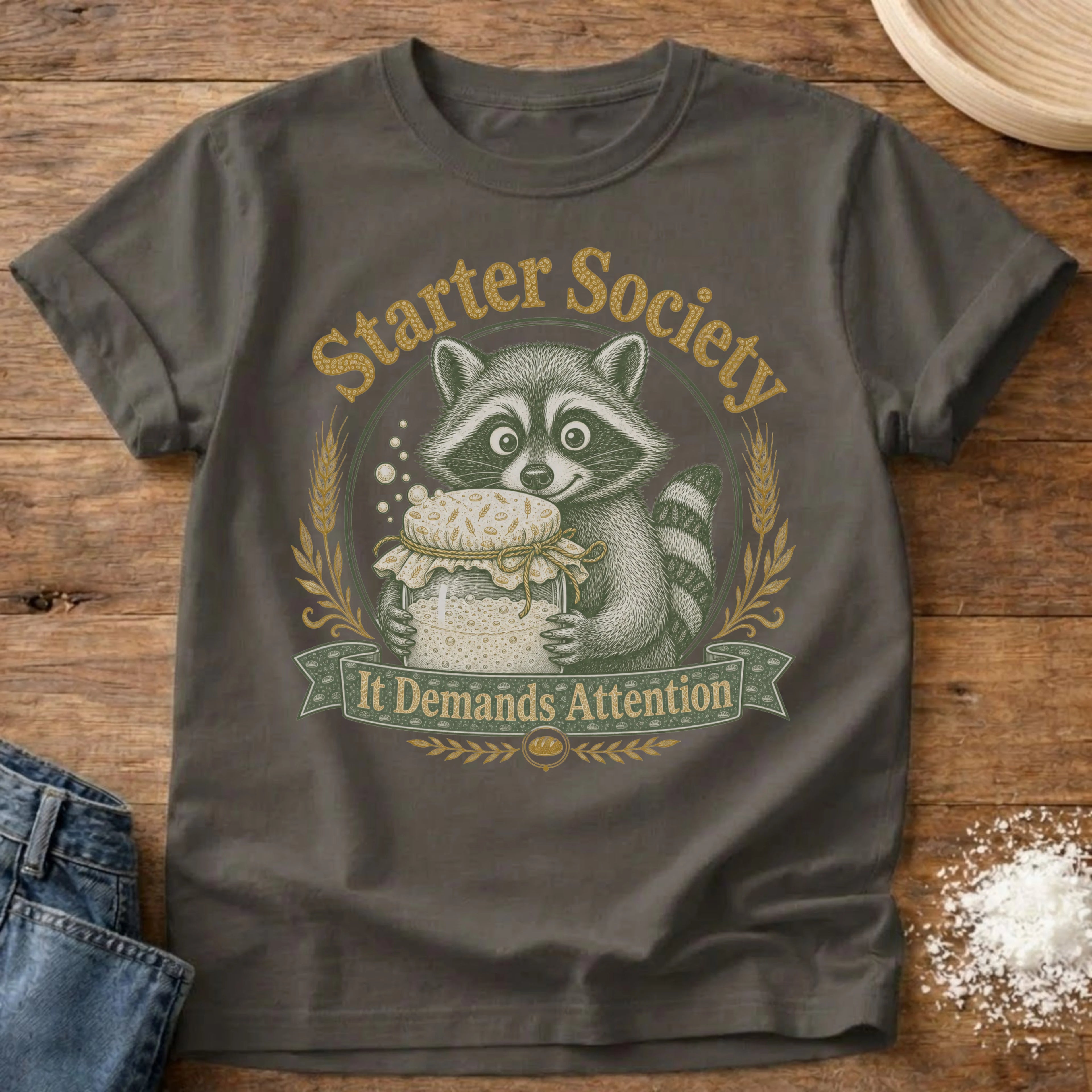 Knead More Fun Starter Society Raccoon t-shirt in Pepper