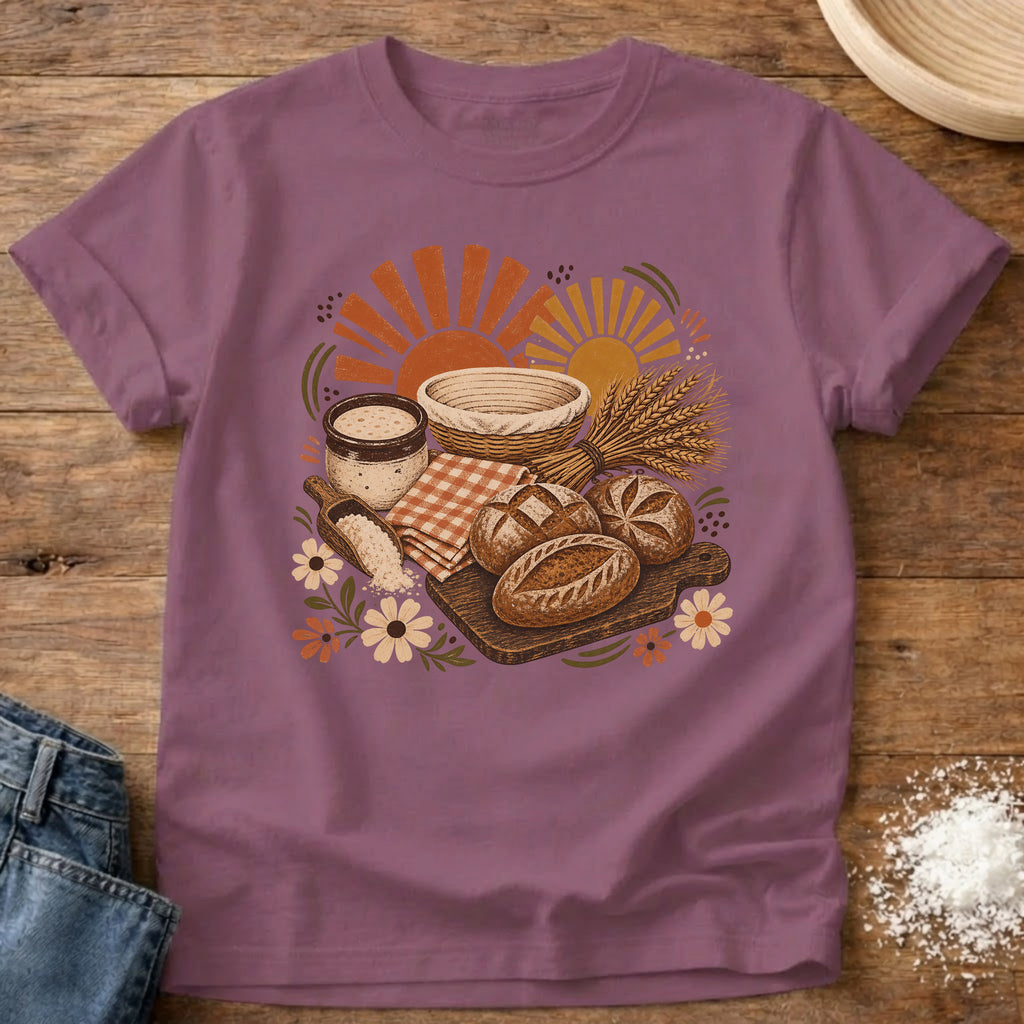 Knead More Fun Sunrise Sourdough picnic boho t-shirt in Berry