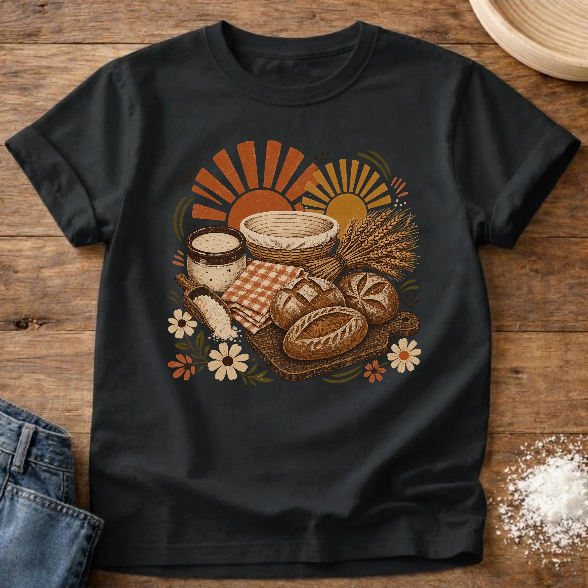 Knead More Fun Sunrise Sourdough picnic boho t-shirt in Black