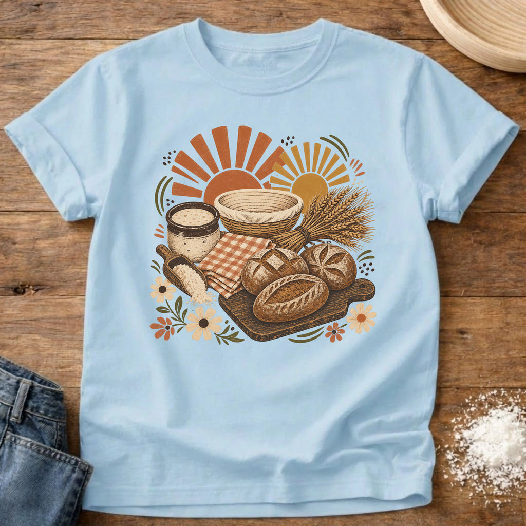 Knead More Fun Sunrise Sourdough picnic boho t-shirt in Chambray