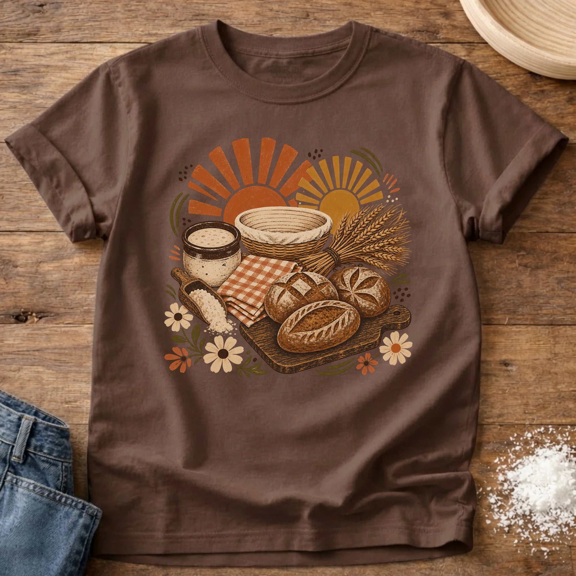 Knead More Fun Sunrise Sourdough picnic boho t-shirt in Espresso