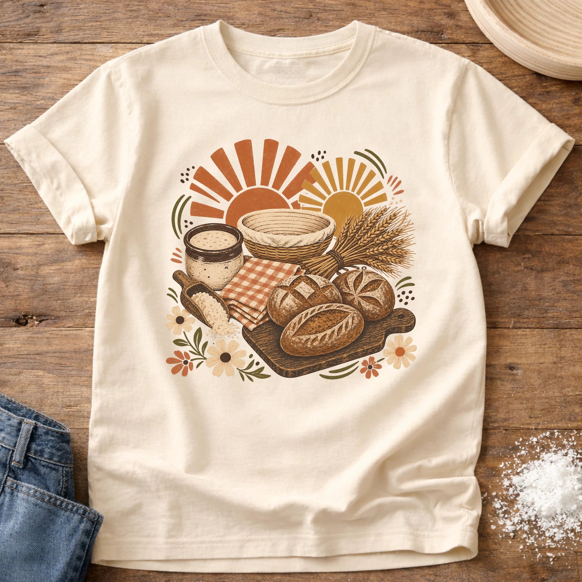 Knead More Fun Sunrise Sourdough picnic boho t-shirt in Ivory