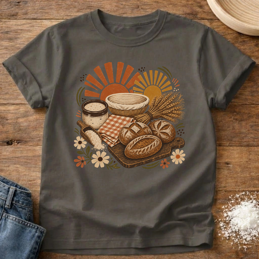 Knead More Fun Sunrise Sourdough picnic boho t-shirt in Pepper