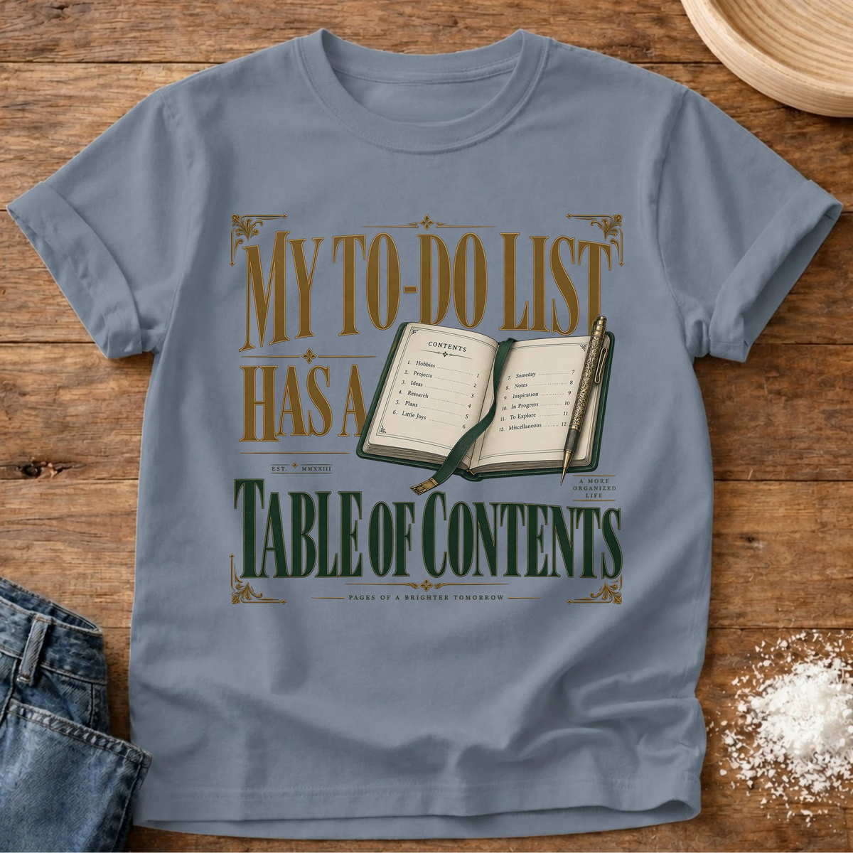 Knead More Fun Table Of Contents t-shirt in Blue Jean