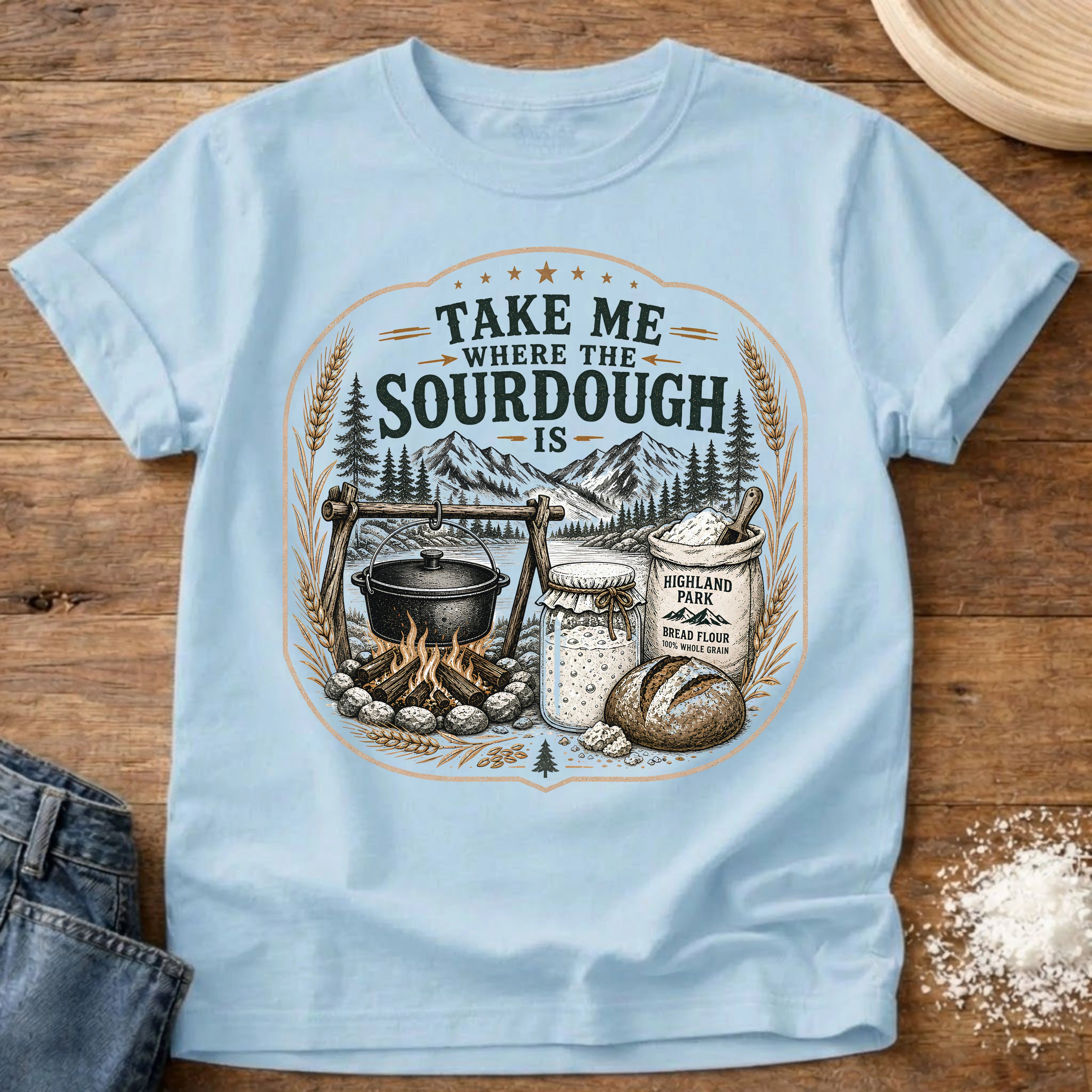 Knead More Fun Take Me Where the Sourdough Is t-shirt in Chambray