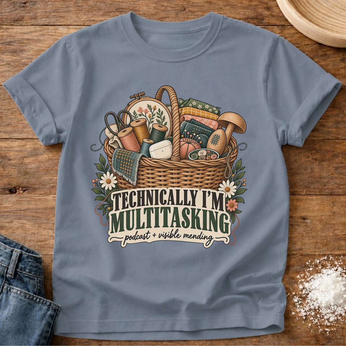 Knead More Fun Technically Multitasking mending t-shirt in Blue Jean