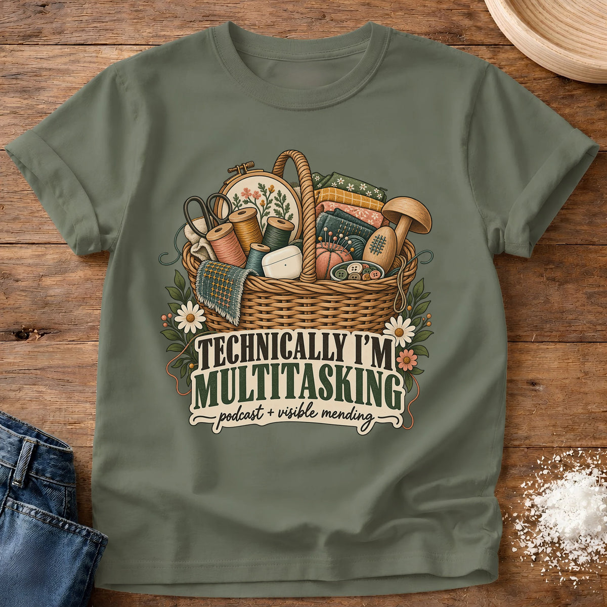 Knead More Fun Technically Multitasking mending t-shirt in Moss
