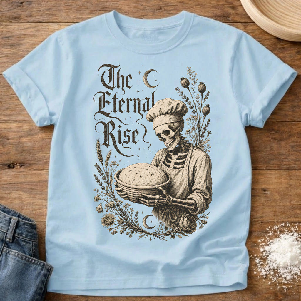 Knead More Fun The Eternal Rise Skeleton sourdough t-shirt in Chambray