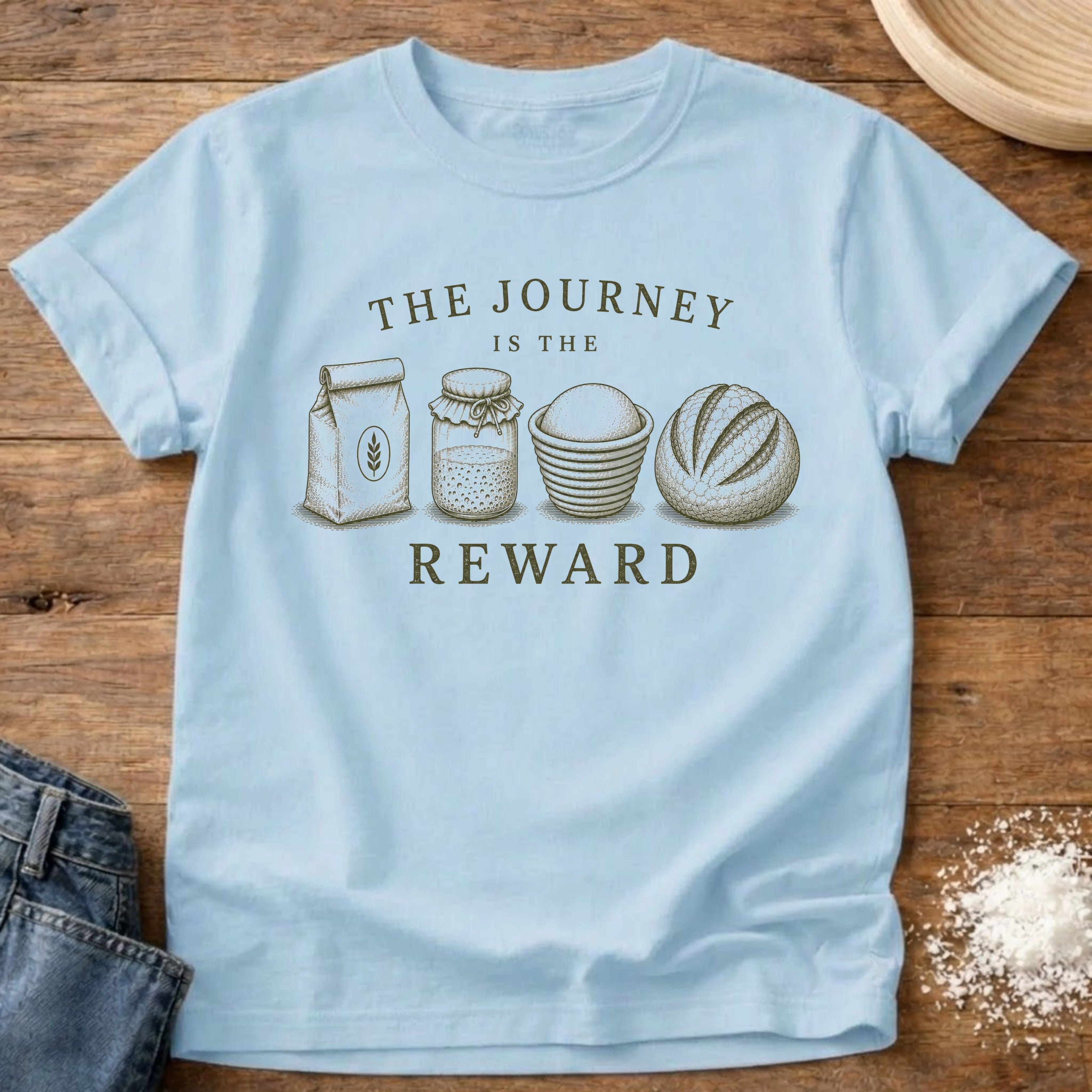 Knead More Fun The Journey sourdough t-shirt in Chambray