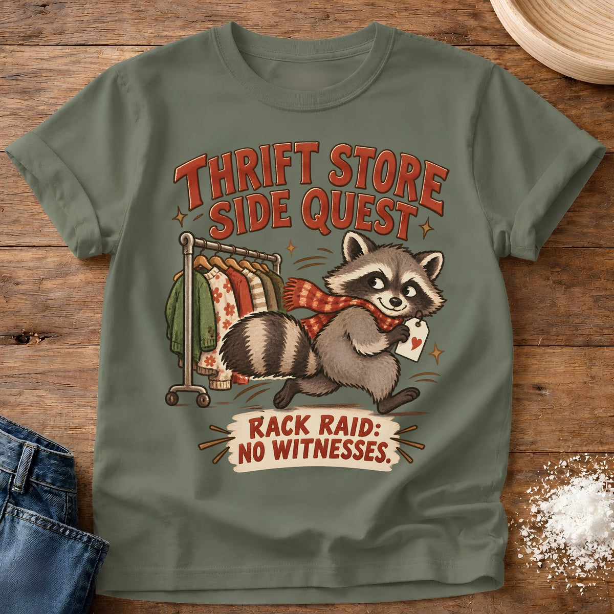 Knead More Fun Thrift Store Sidequest t-shirt in Moss