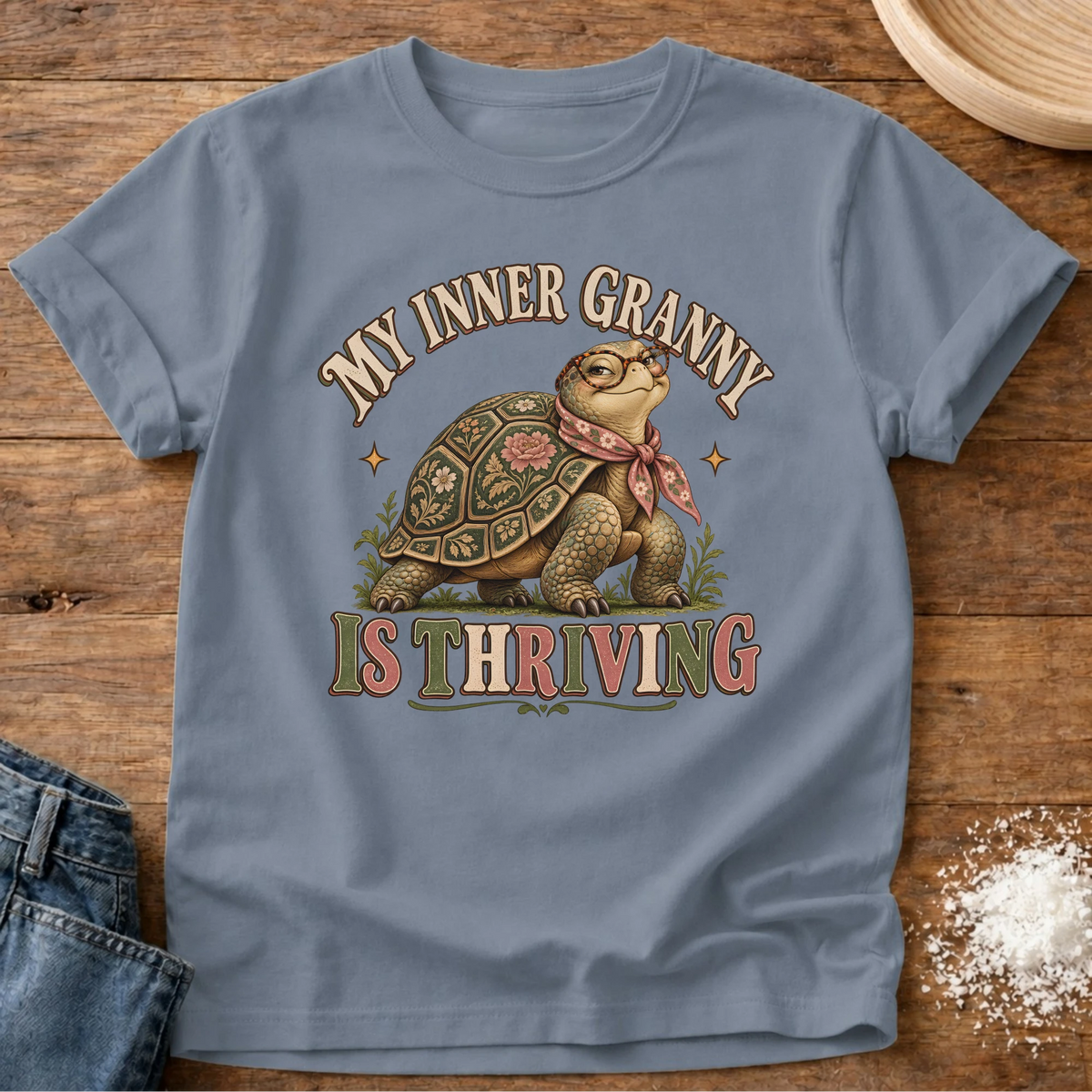 Knead More Fun Thriving Inner Granny grannycore t-shirt in Blue Jean