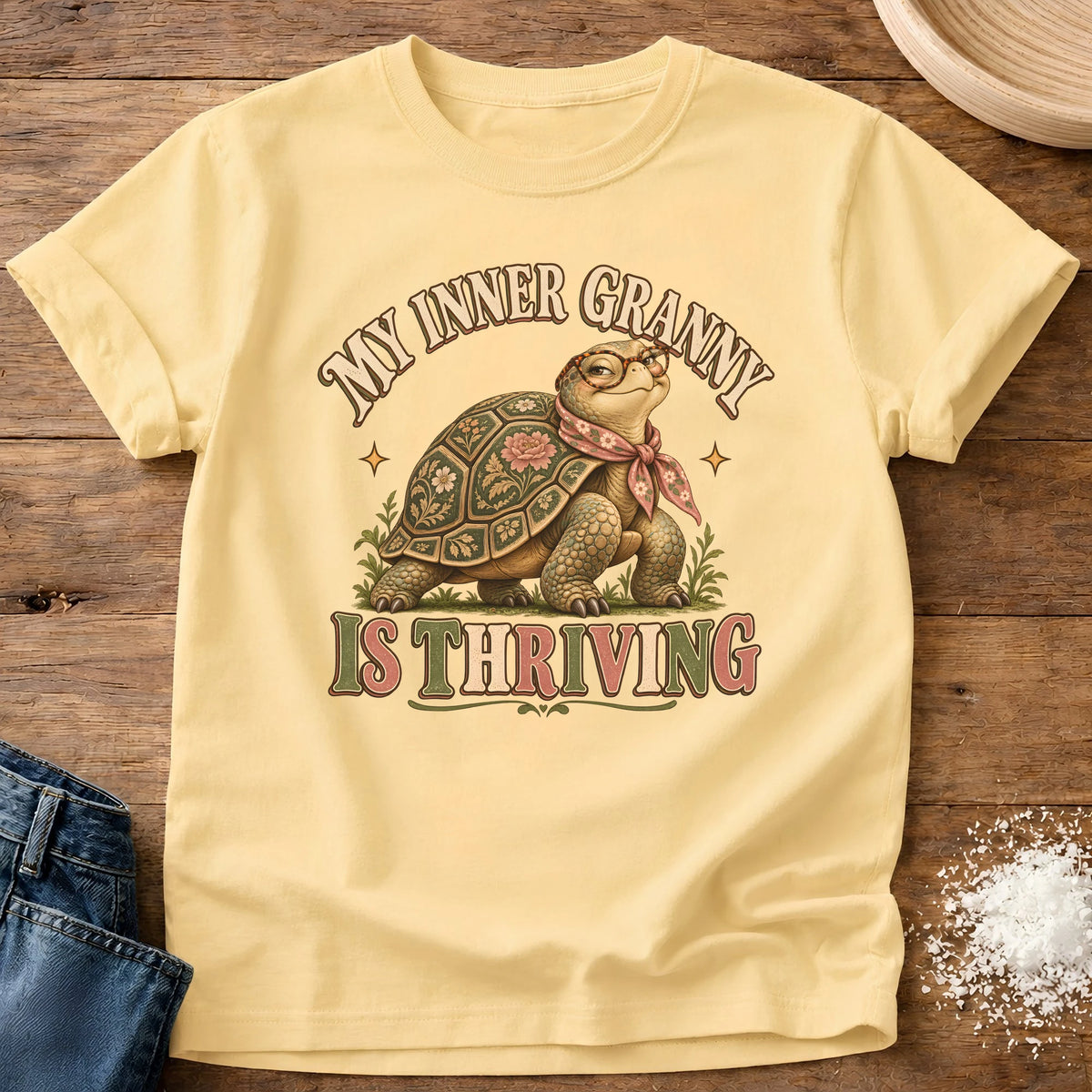 Knead More Fun Thriving Inner Granny grannycore t-shirt in Butter