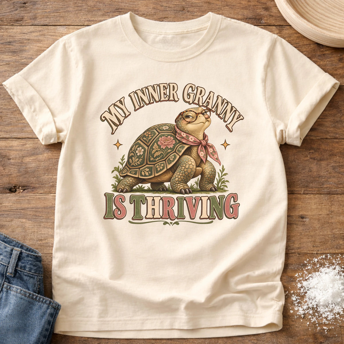 Knead More Fun Thriving Inner Granny grannycore t-shirt in Ivory