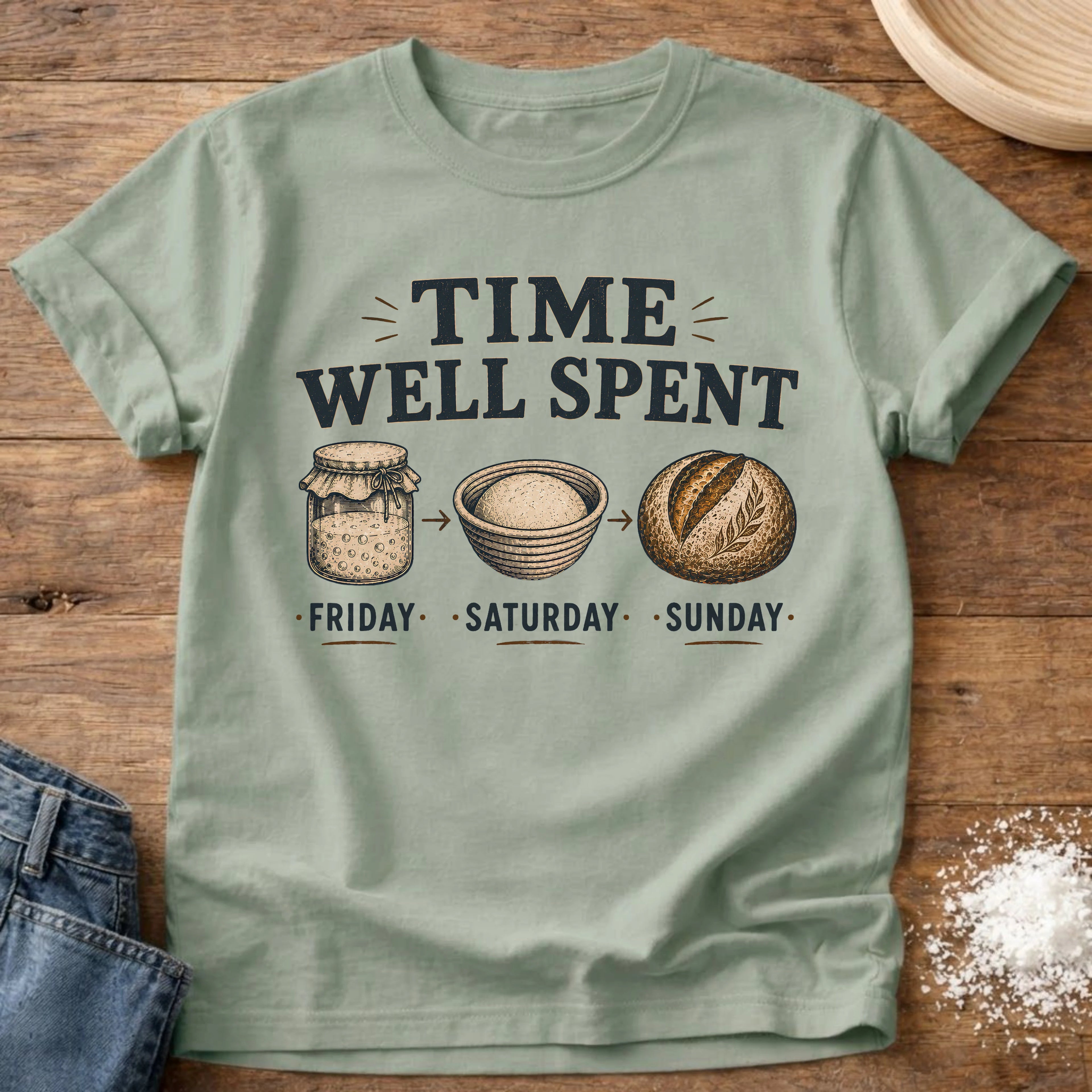 Knead More Fun Time Well Spent sourdough t-shirt in Bay