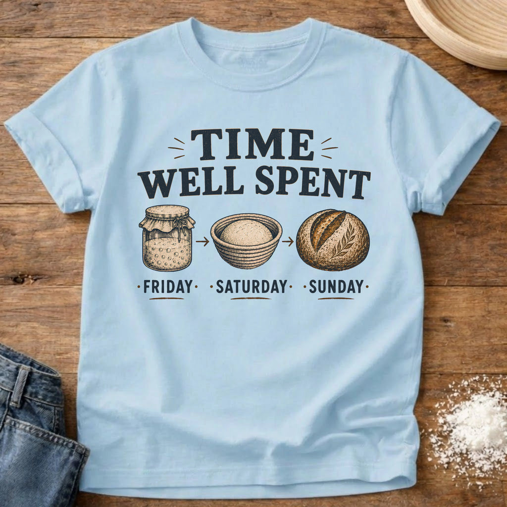 Knead More Fun Time Well Spent sourdough t-shirt in Chambray