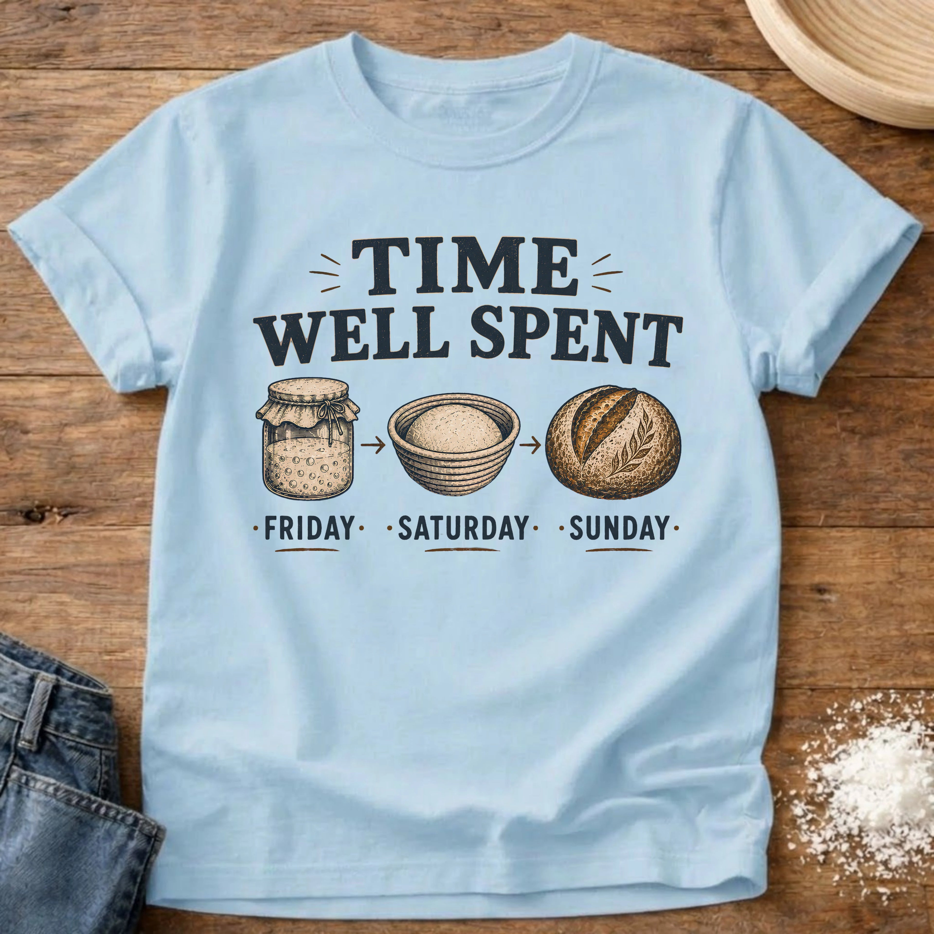 Knead More Fun Time Well Spent sourdough t-shirt in Chambray