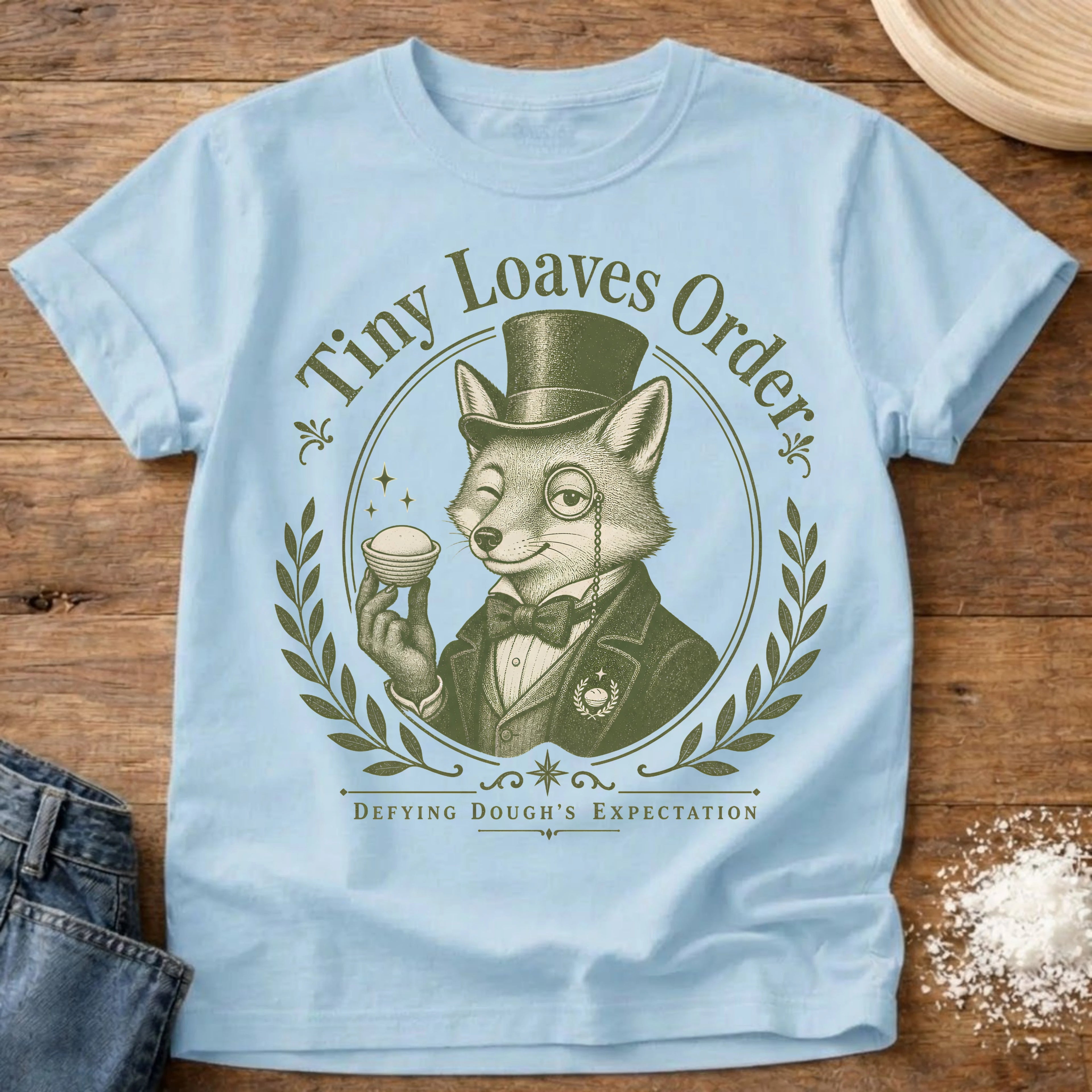 Knead More Fun Tiny Loaves Order Fox sourdough t-shirt in Chambray