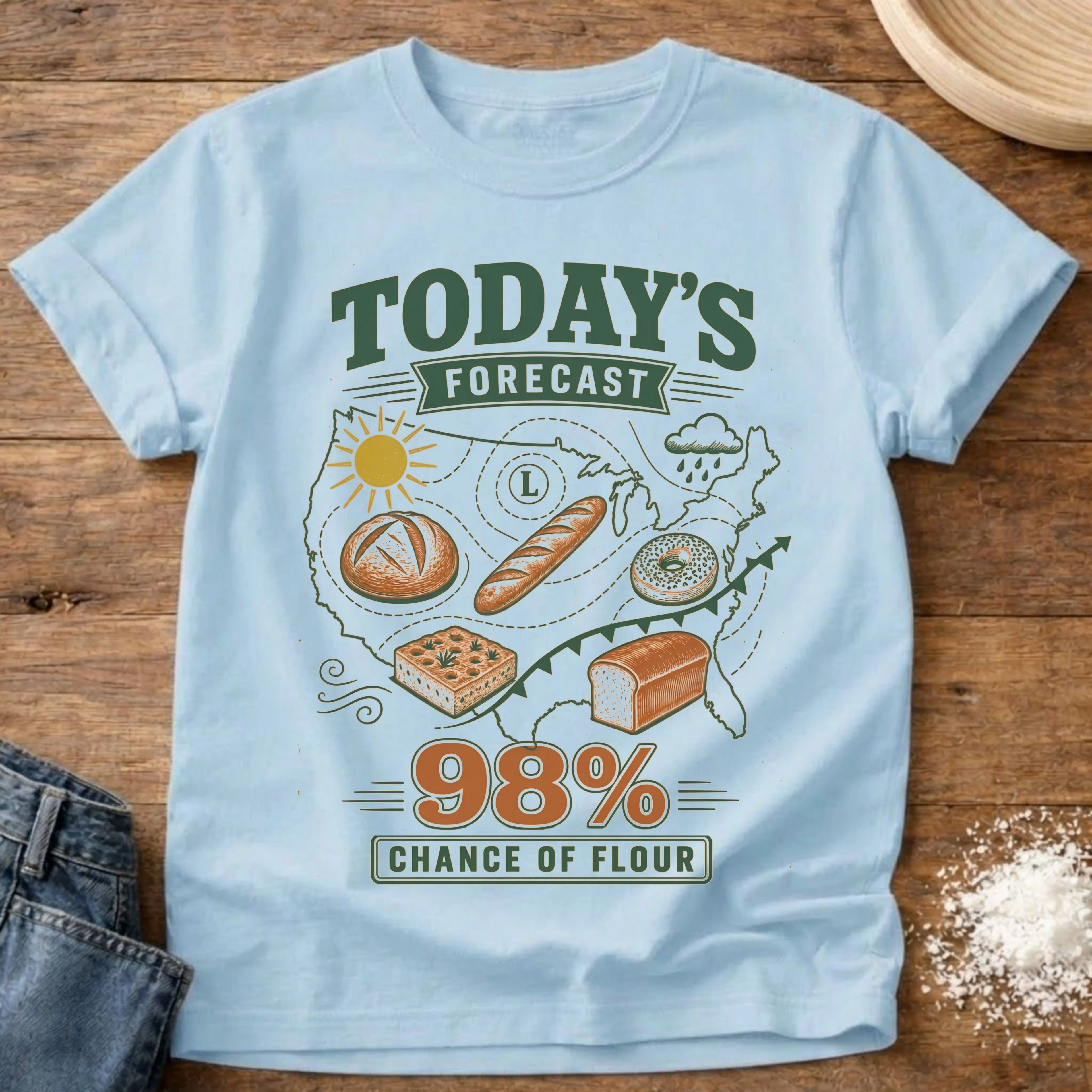 Knead More Fun 98% Chance of Flour sourdough t-shirt in Chambray