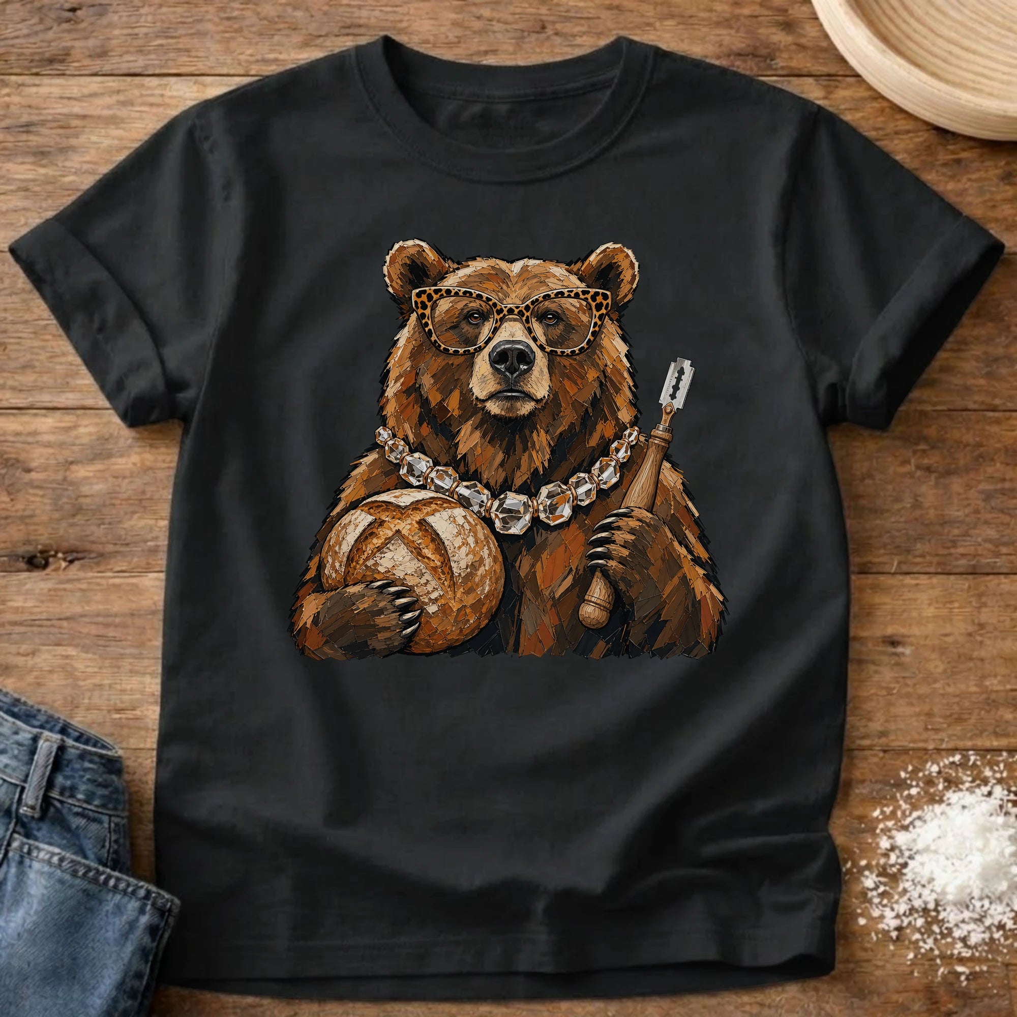 Knead More Fun Tortoiseshell Bear sourdough t-shirt in Black