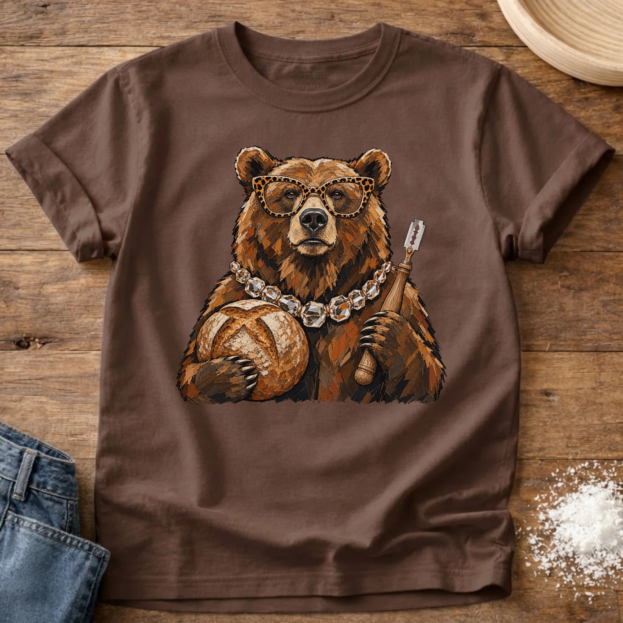 Knead More Fun Tortoiseshell Bear sourdough t-shirt in Espresso