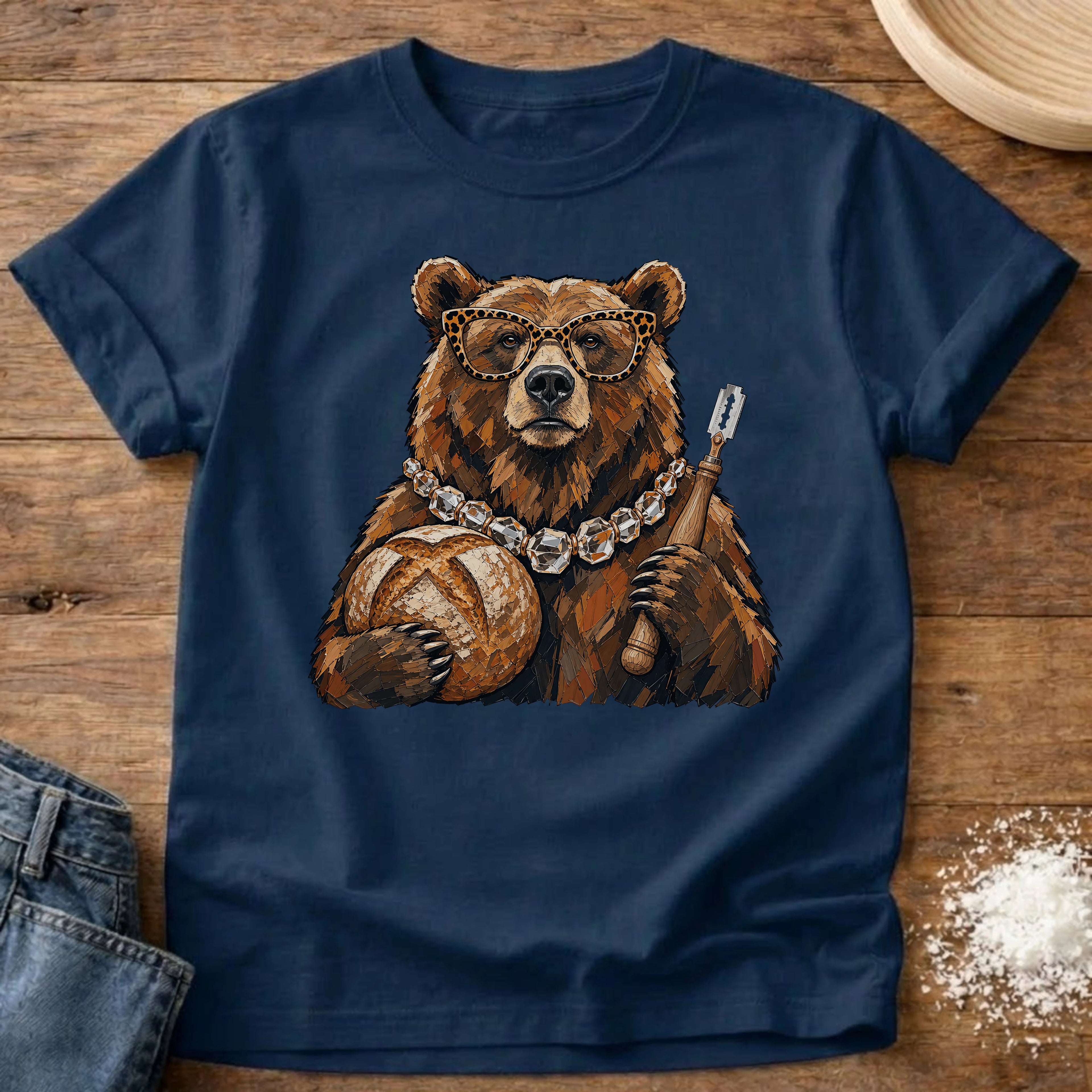 Knead More Fun Tortoiseshell Bear sourdough t-shirt in Navy