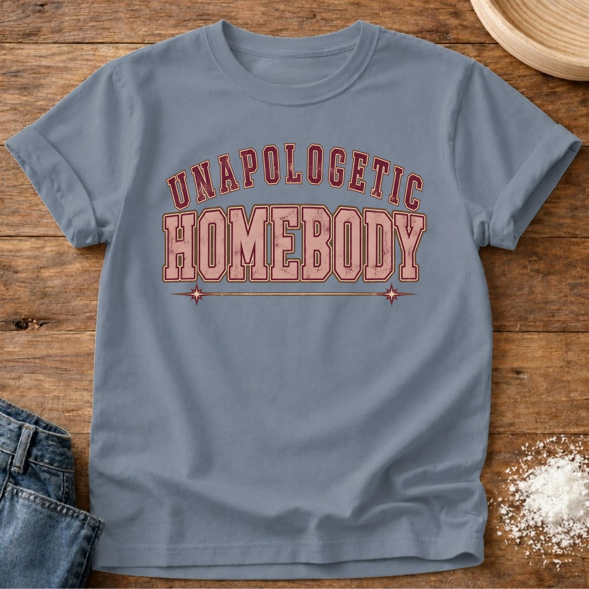 Knead More Fun Unapologetic Homebody grannycore t-shirt in Blue Jean