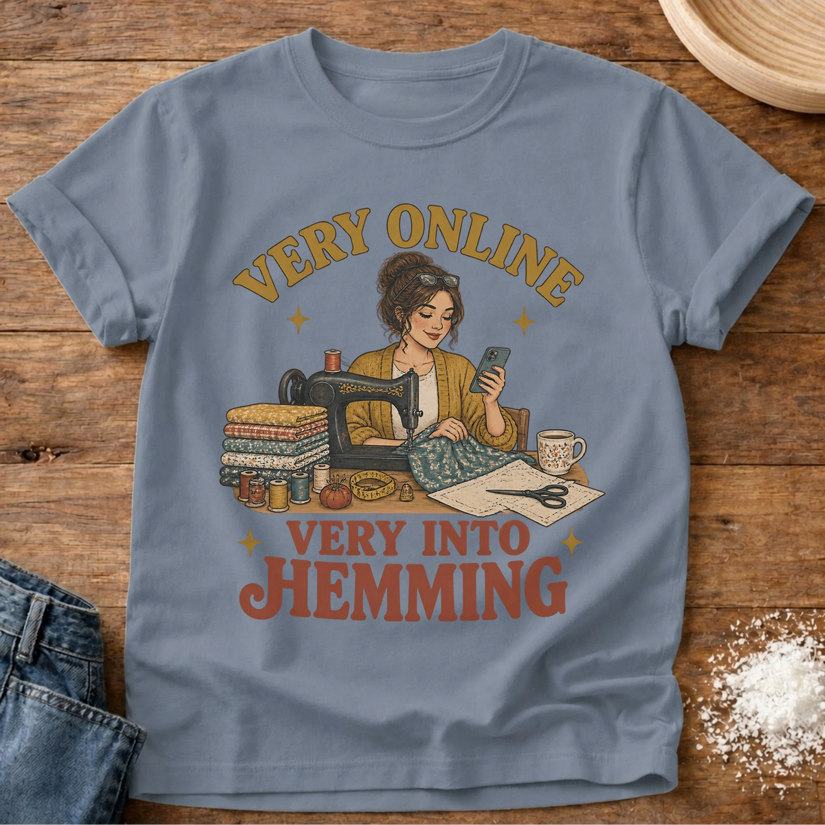 Knead More Fun Very Into Hemming sewing t-shirt in Blue Jean