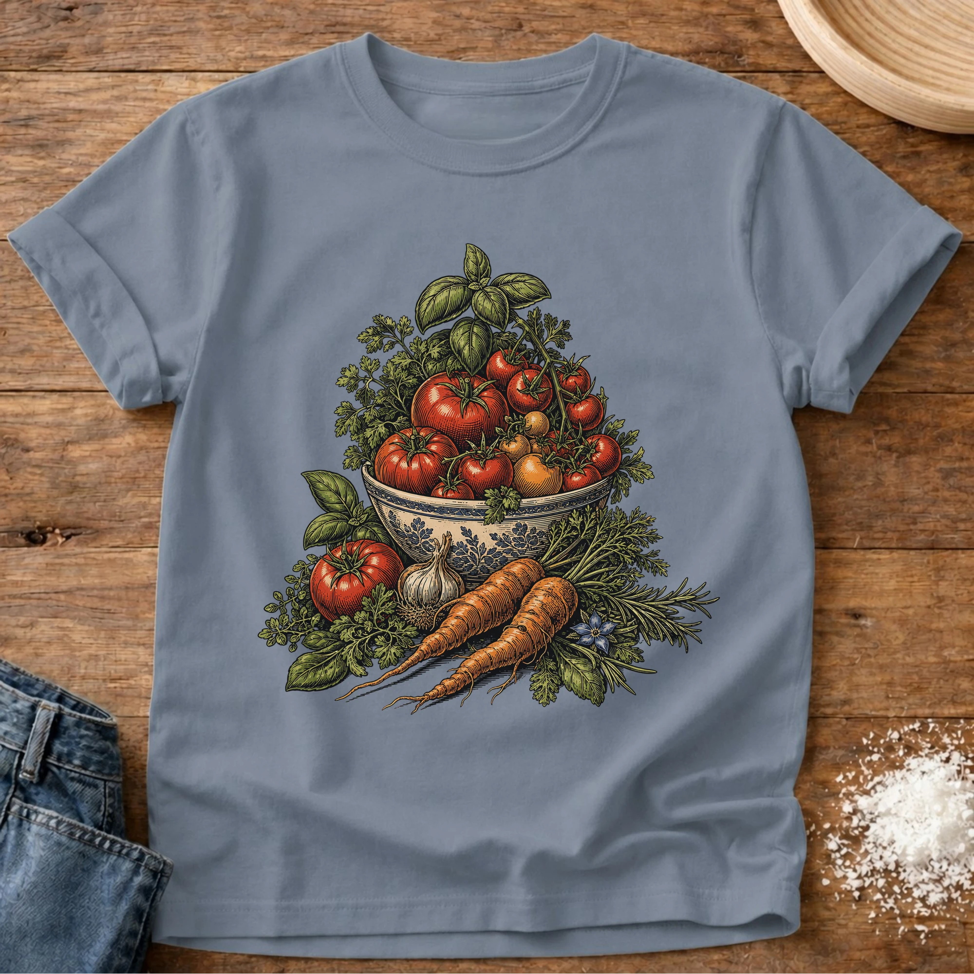 Knead More Fun vintage garden harvest t-shirt in Blue Jean