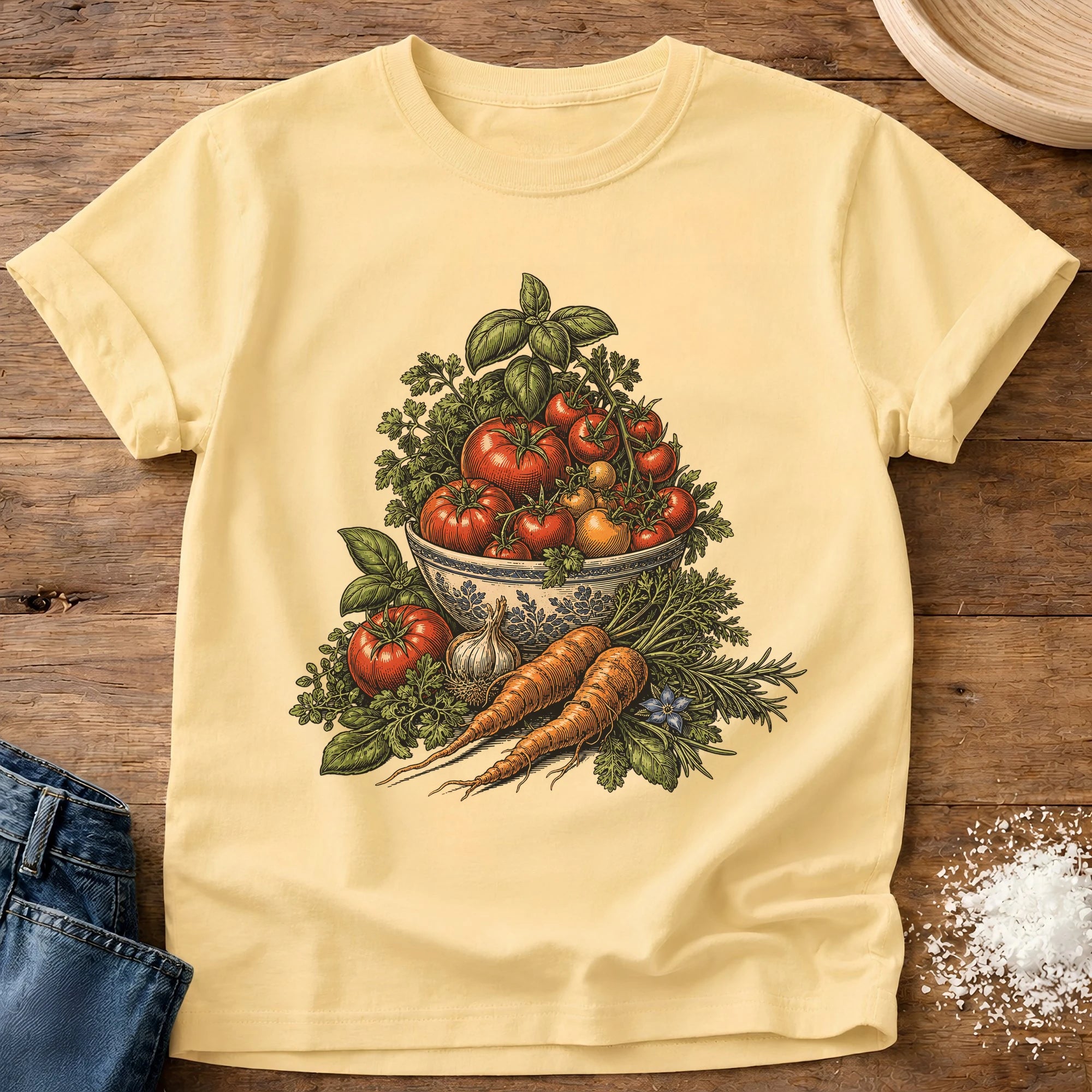 Knead More Fun vintage garden harvest t-shirt in Butter