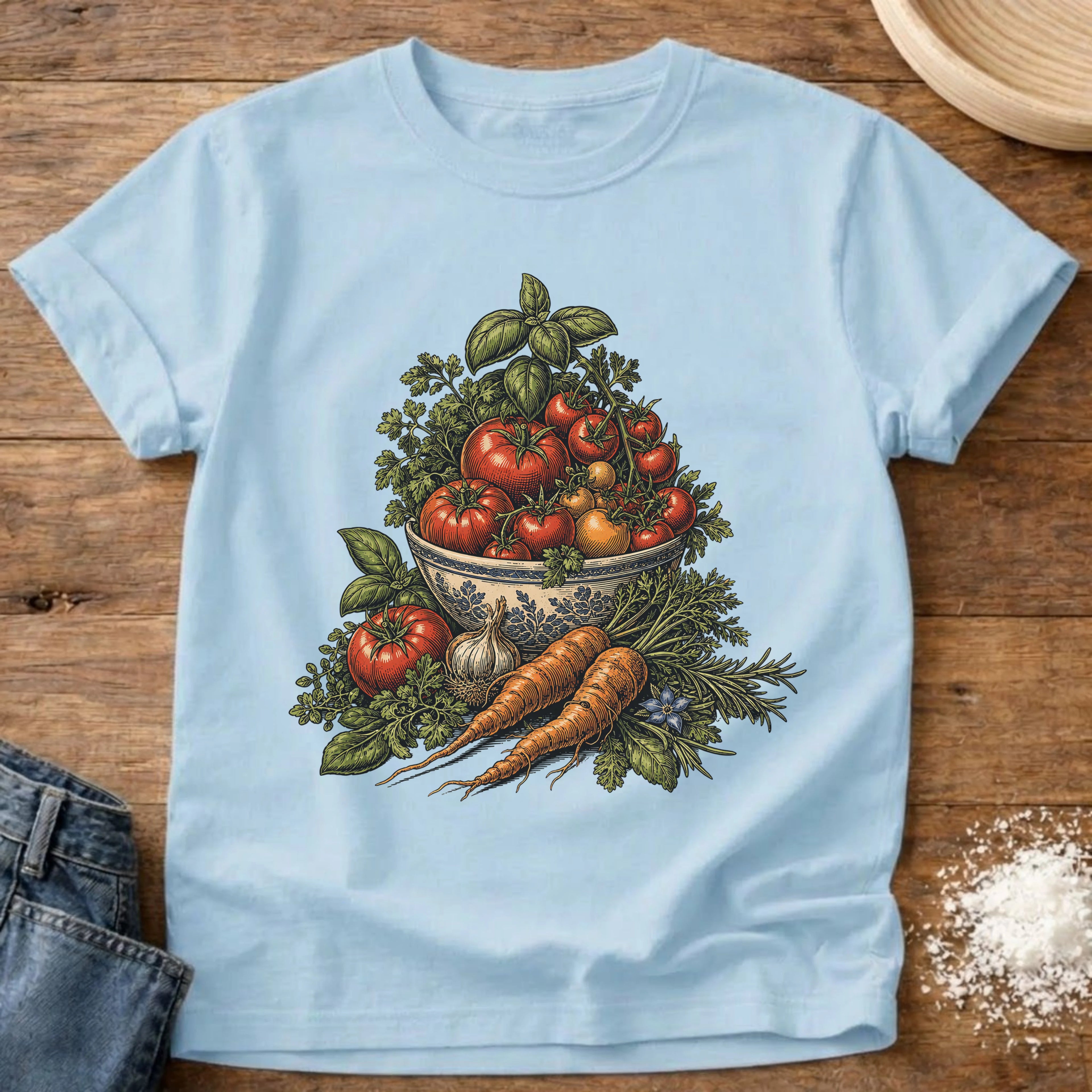 Knead More Fun vintage garden harvest t-shirt in Chambray