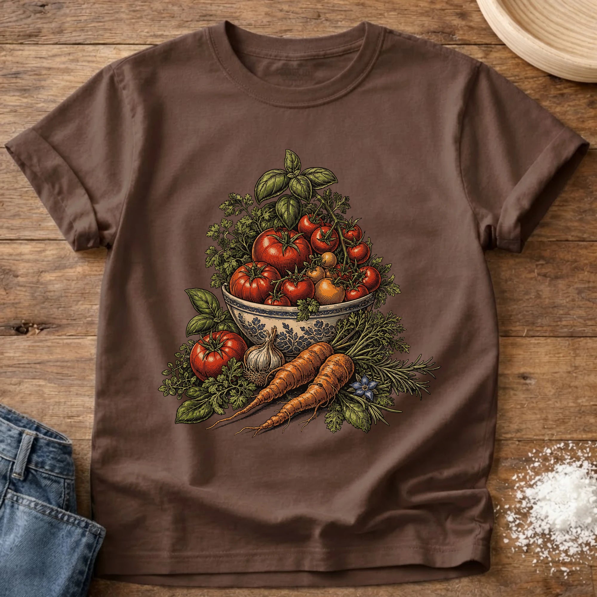 Knead More Fun vintage garden harvest t-shirt in Espresso