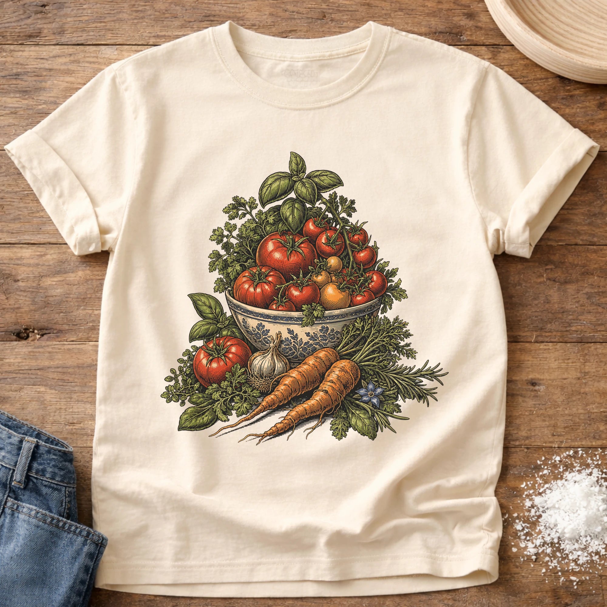 Knead More Fun vintage garden harvest t-shirt in Ivory