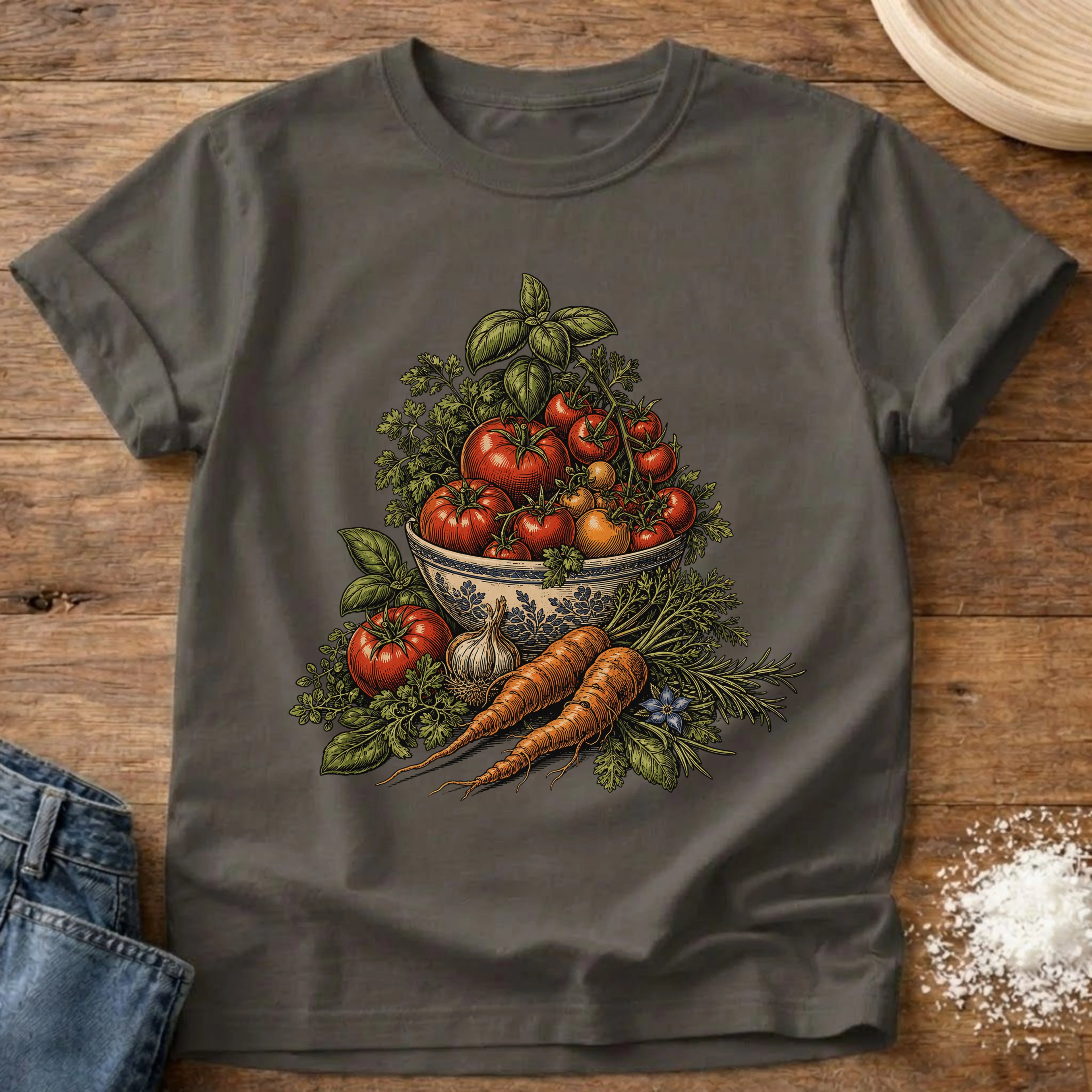 Knead More Fun vintage garden harvest t-shirt in Pepper