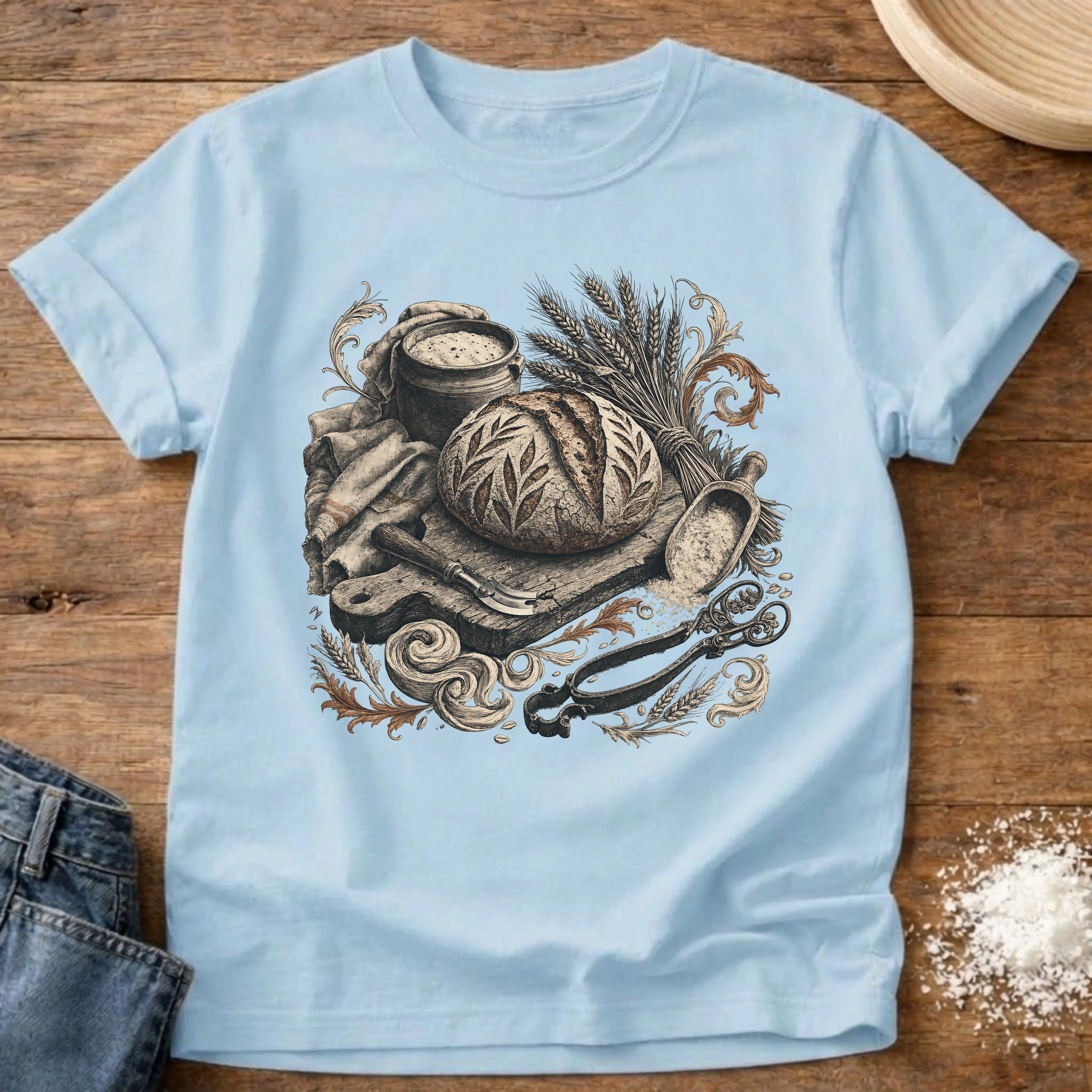 Knead More Fun Vintage Sourdough antique etching t-shirt in Chambray