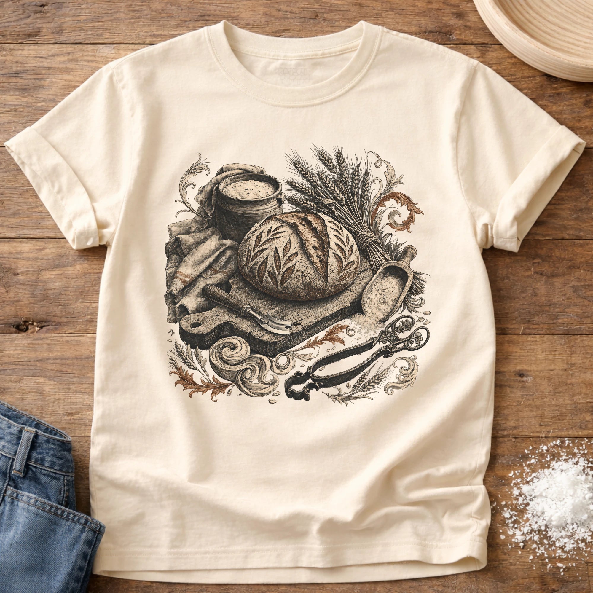 Knead More Fun Vintage Sourdough antique etching t-shirt in Ivory