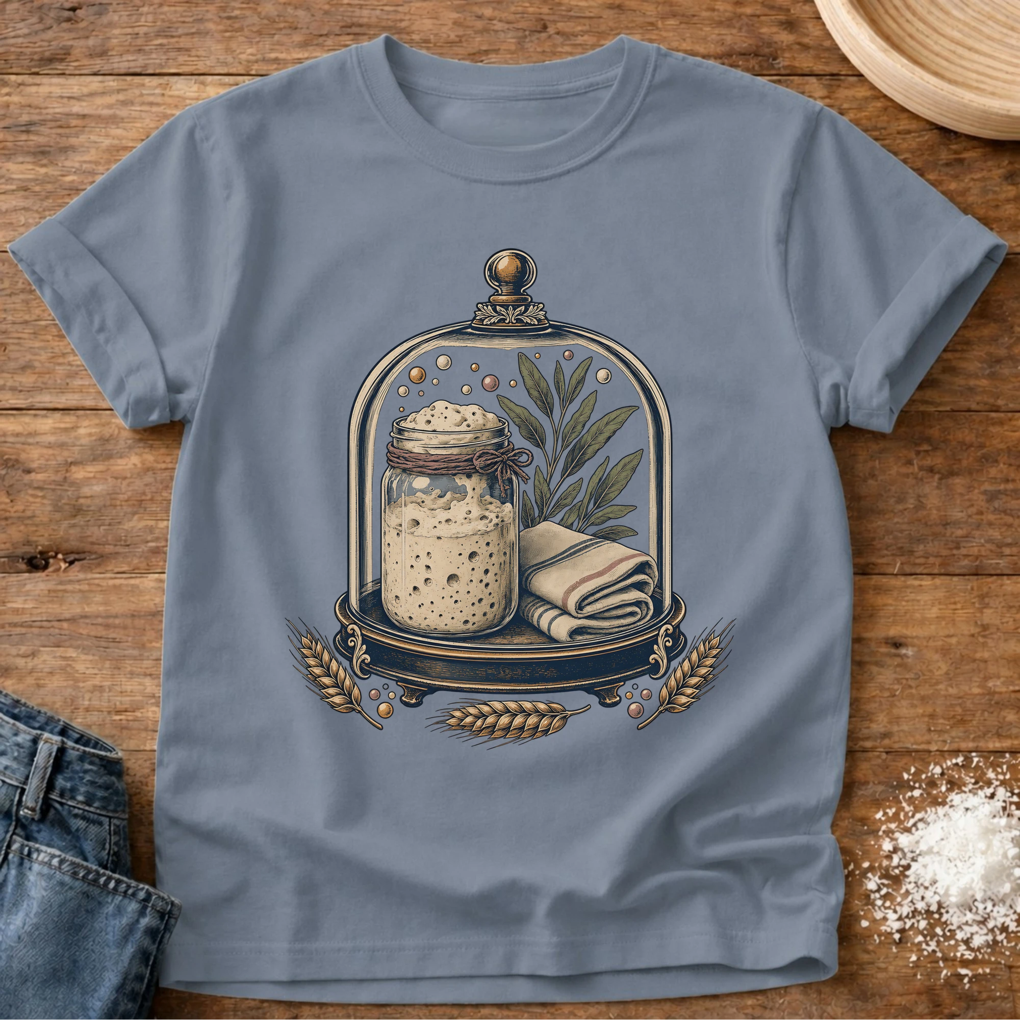 Knead More Fun vintage starter jar sourdough t-shirt in Blue Jean