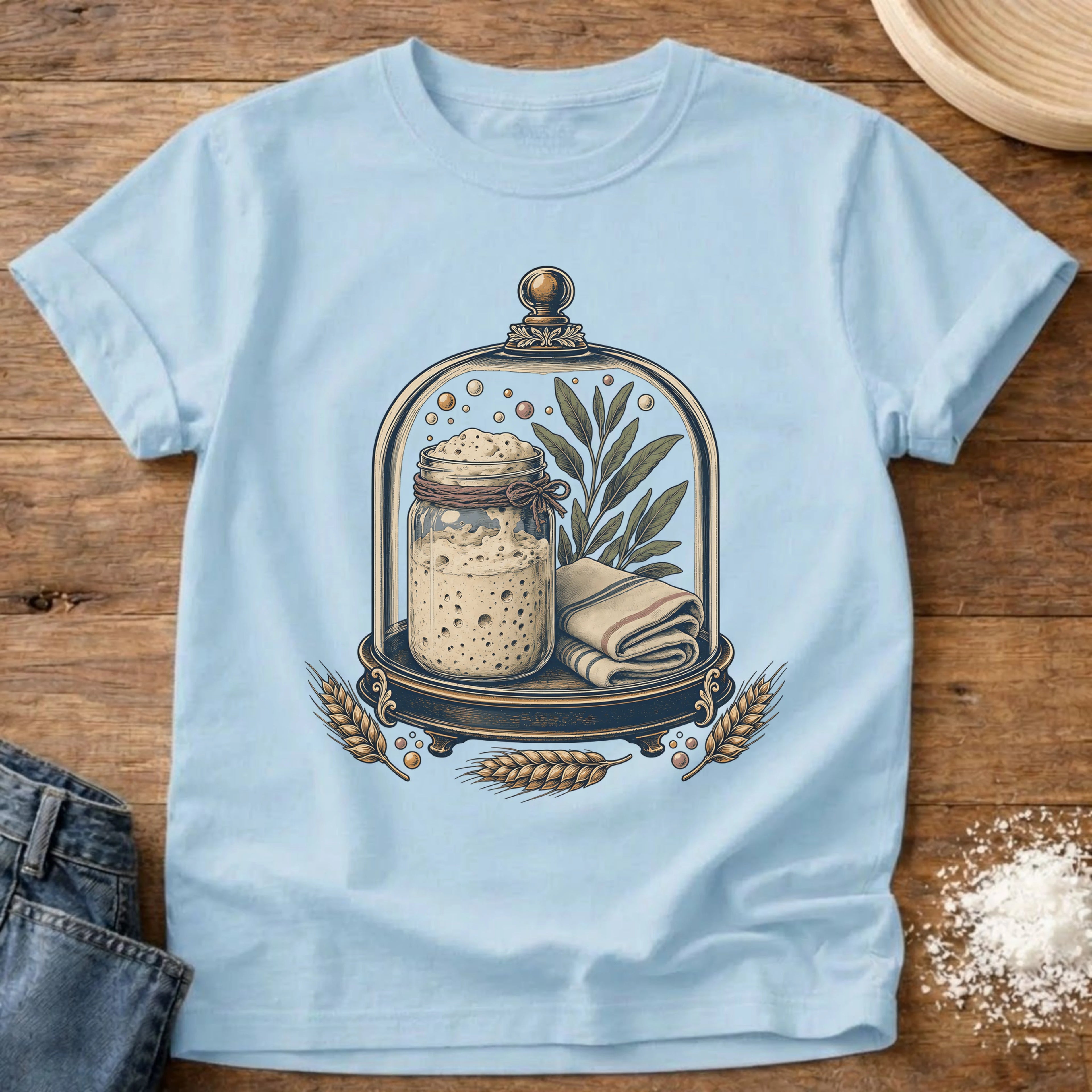 Knead More Fun vintage starter jar sourdough t-shirt in Chambray