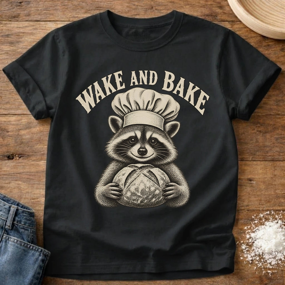 Knead More Fun Wake And Bake raccoon sourdough t-shirt in Black