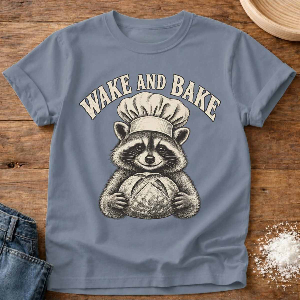 Knead More Fun Wake And Bake raccoon sourdough t-shirt in Blue Jean