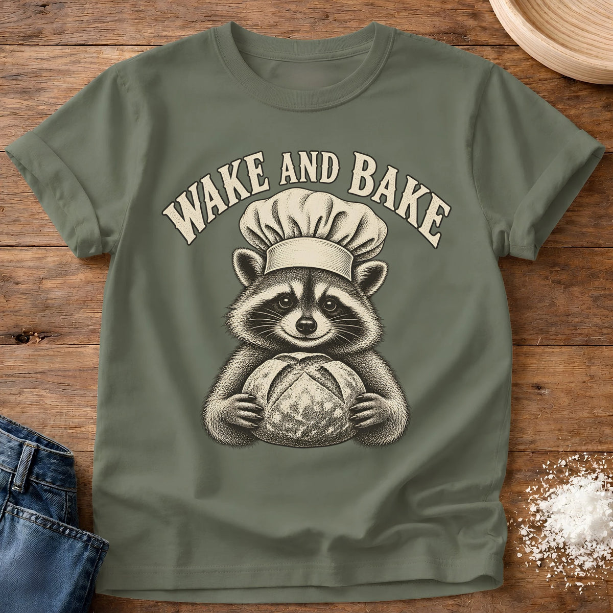 Knead More Fun Wake And Bake raccoon sourdough t-shirt in Moss
